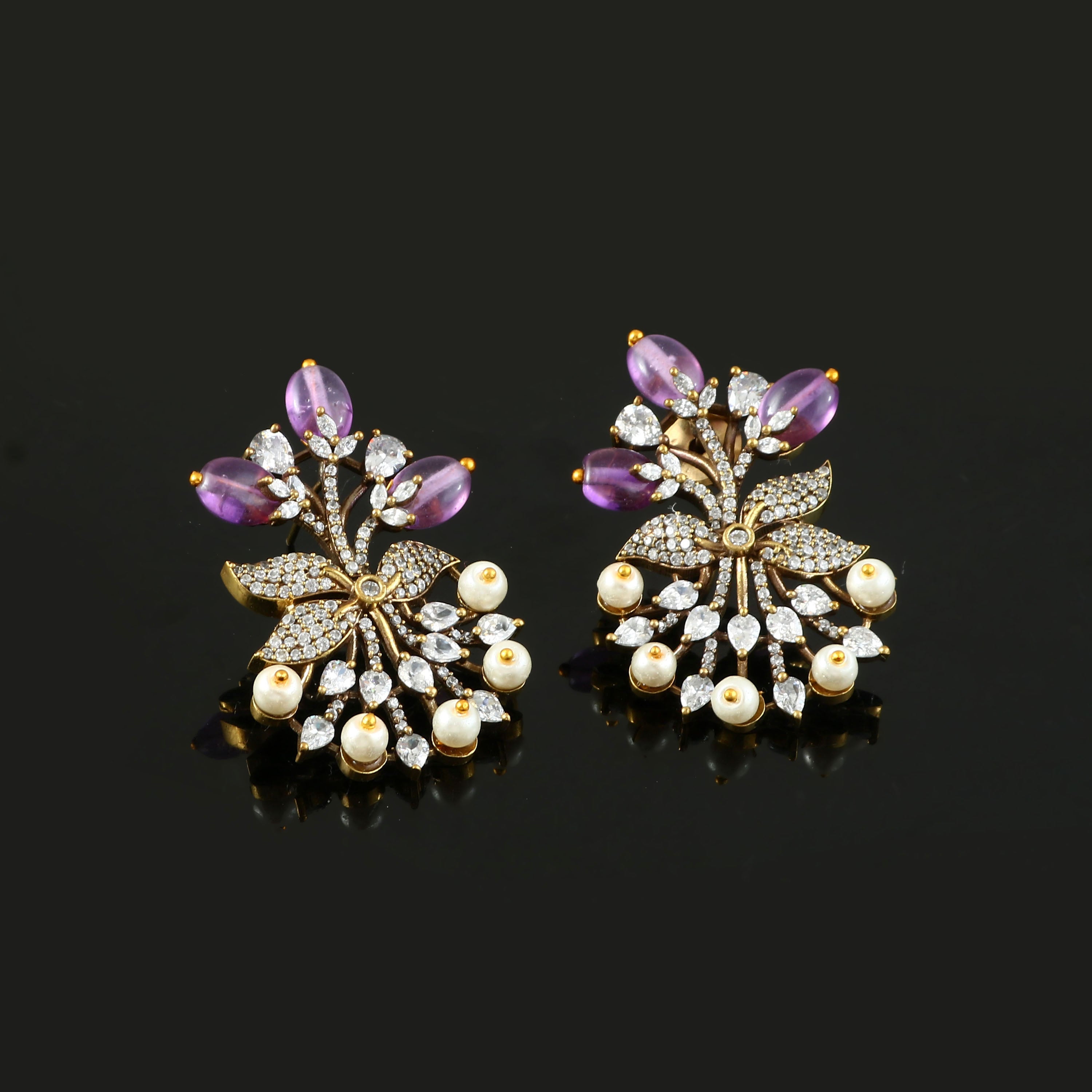 Victorian Elegance: Pearl and Ruby Beads Studded Earrings