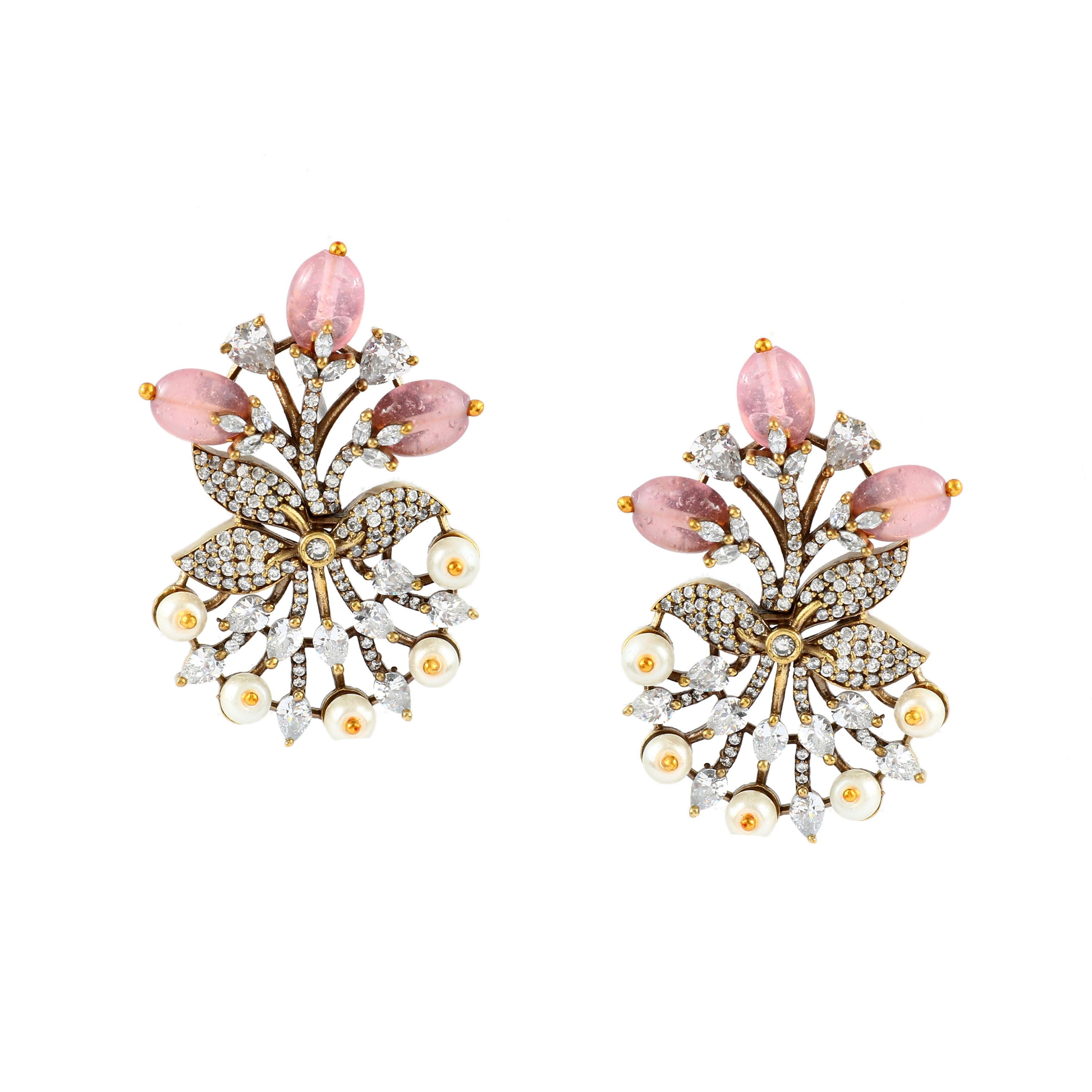 Victorian Elegance: Pearl and Ruby Beads Studded Earrings