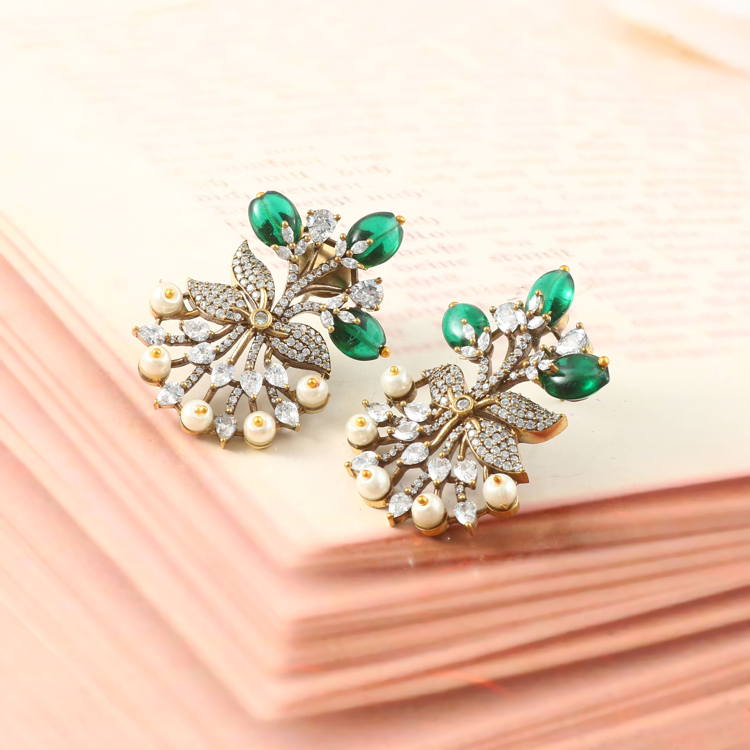 Victorian Elegance: Pearl and Ruby Beads Studded Earrings