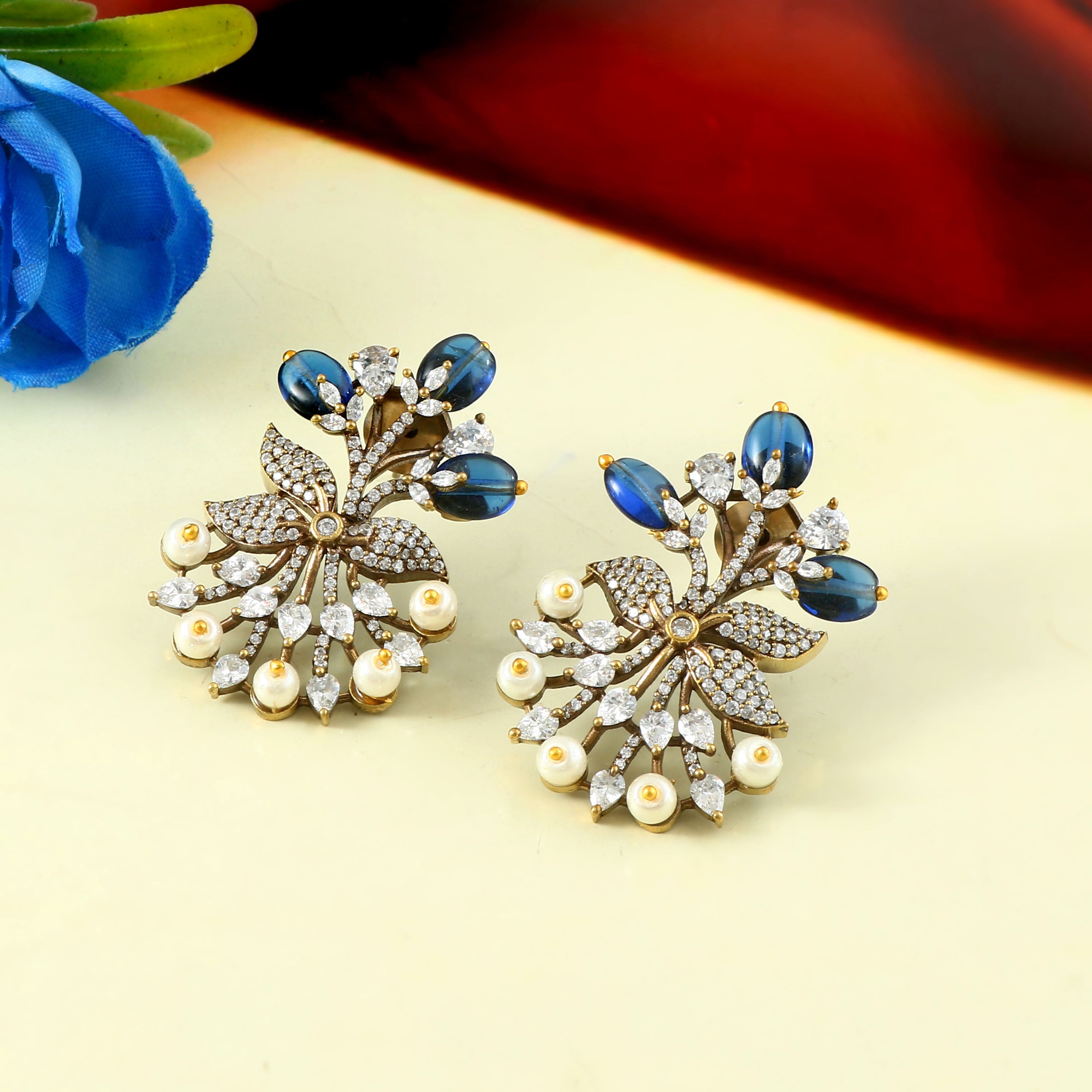 Victorian Elegance: Pearl and Ruby Beads Studded Earrings
