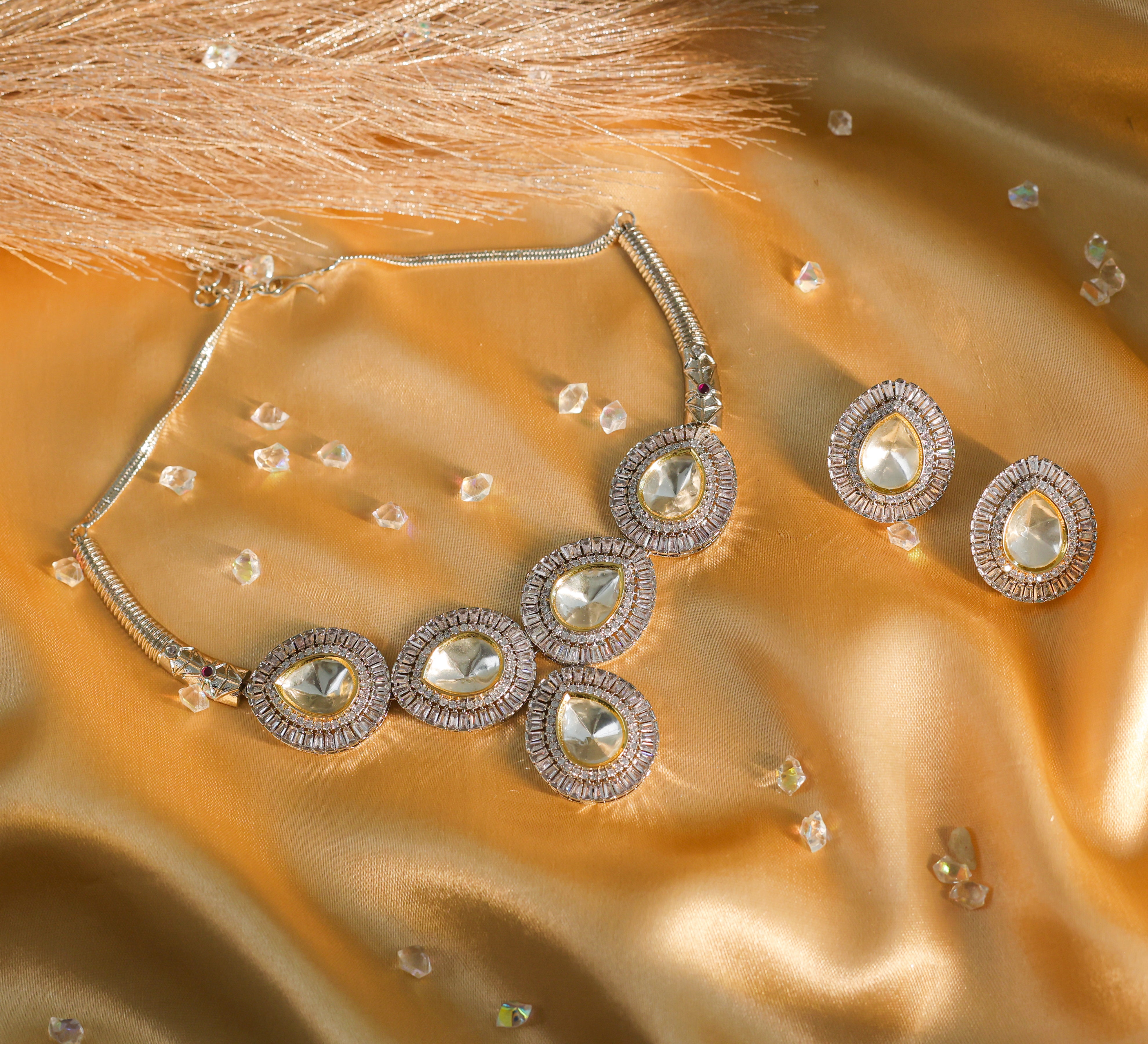 Kundan Polki Necklace Set in Antique Silver Plating - Adisha Jewels