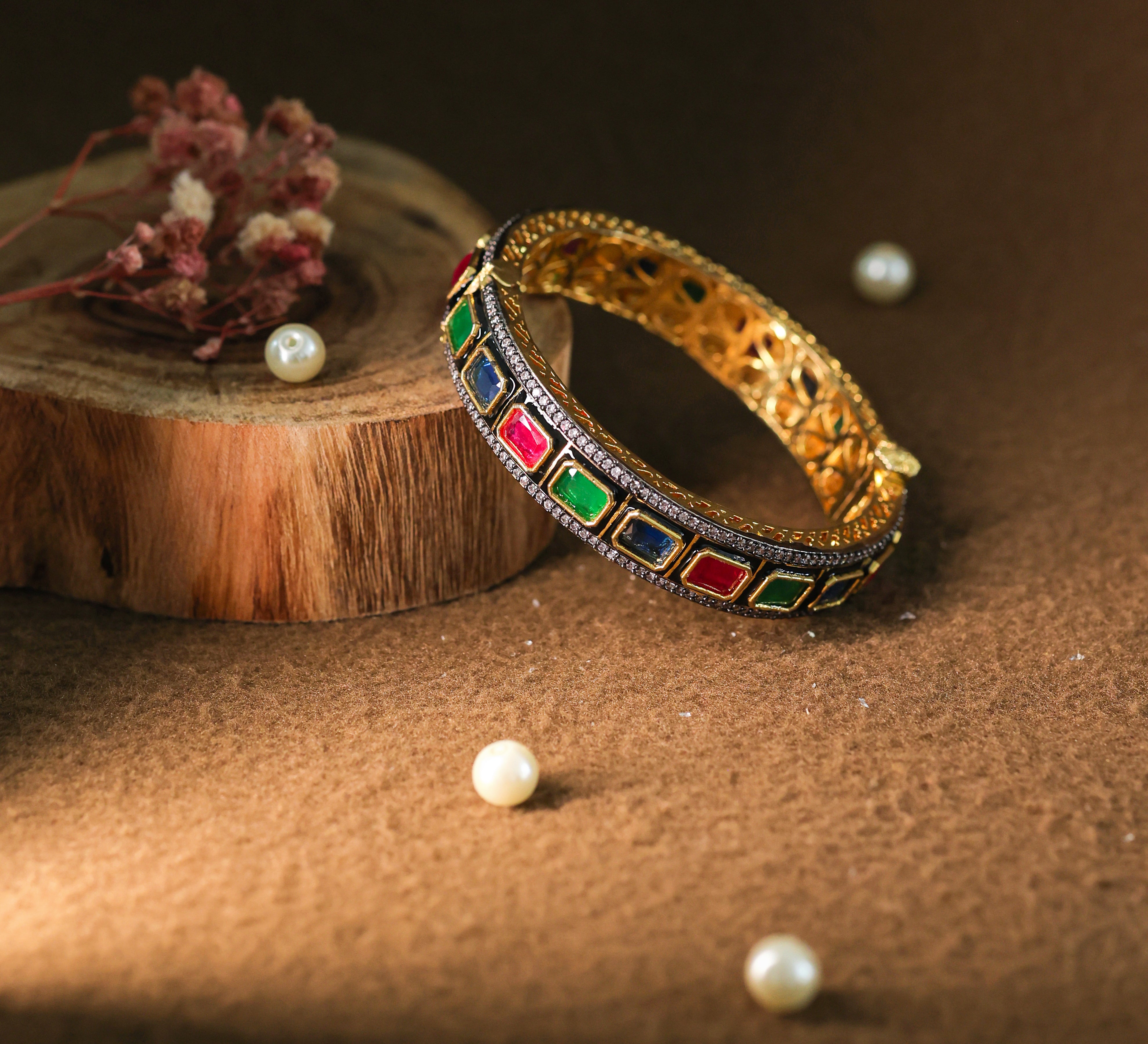 Gold Polished Bracelet with Multicolor Stones