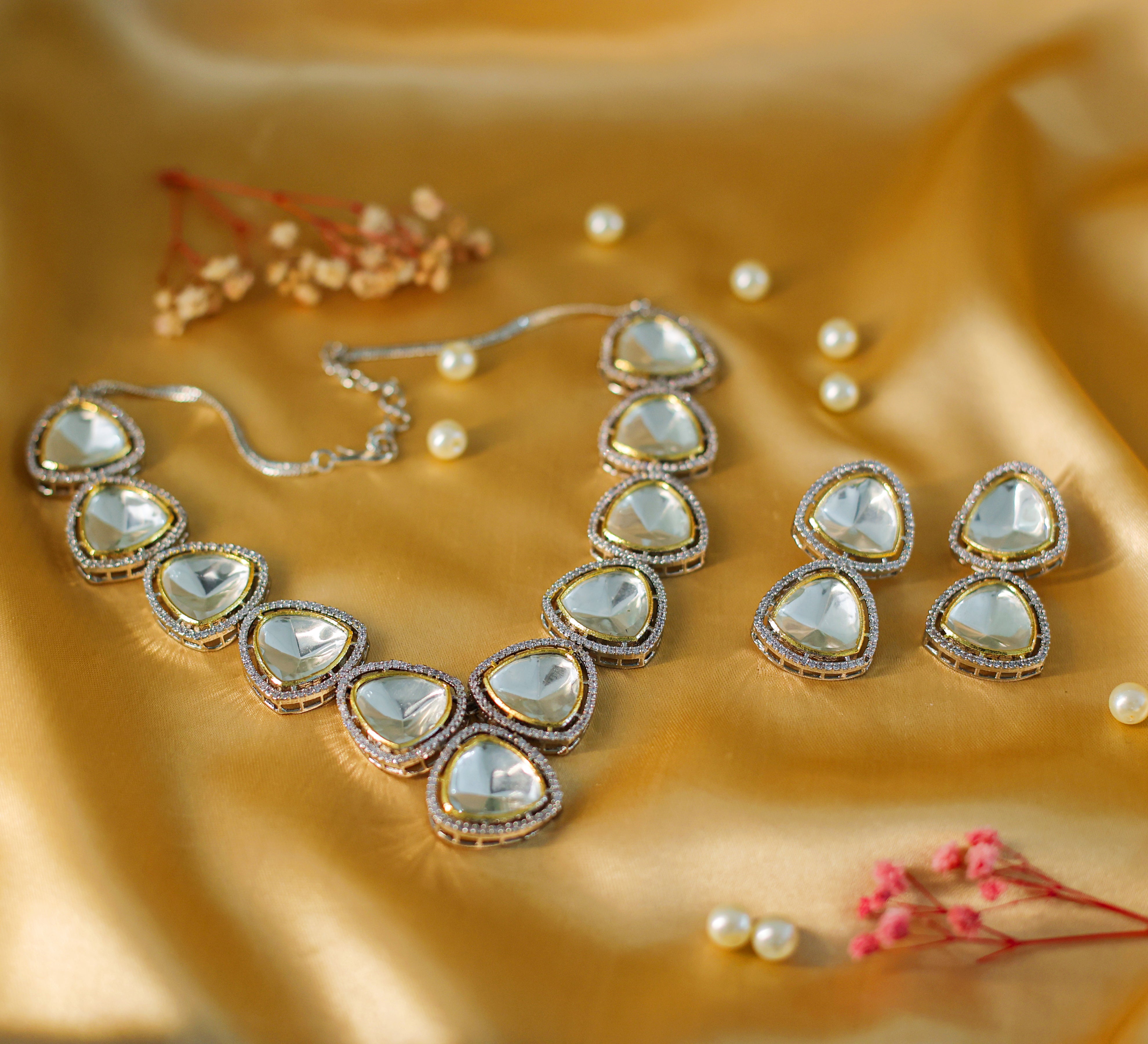 Kundan Polki Necklace Set in Antique Silver Plating - Adisha Jewels