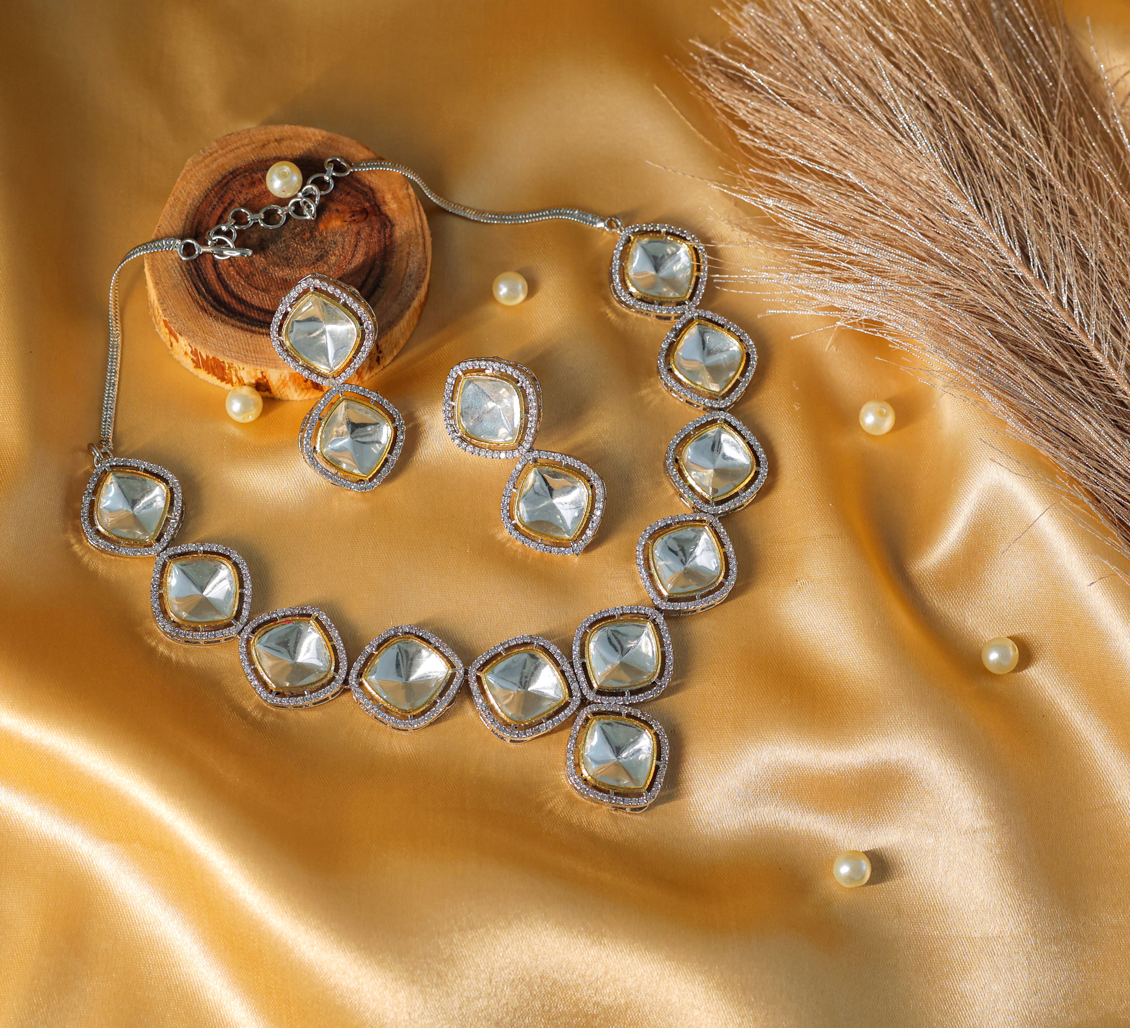 Kundan Polki Necklace Set in Antique Silver Plating - Adisha Jewels