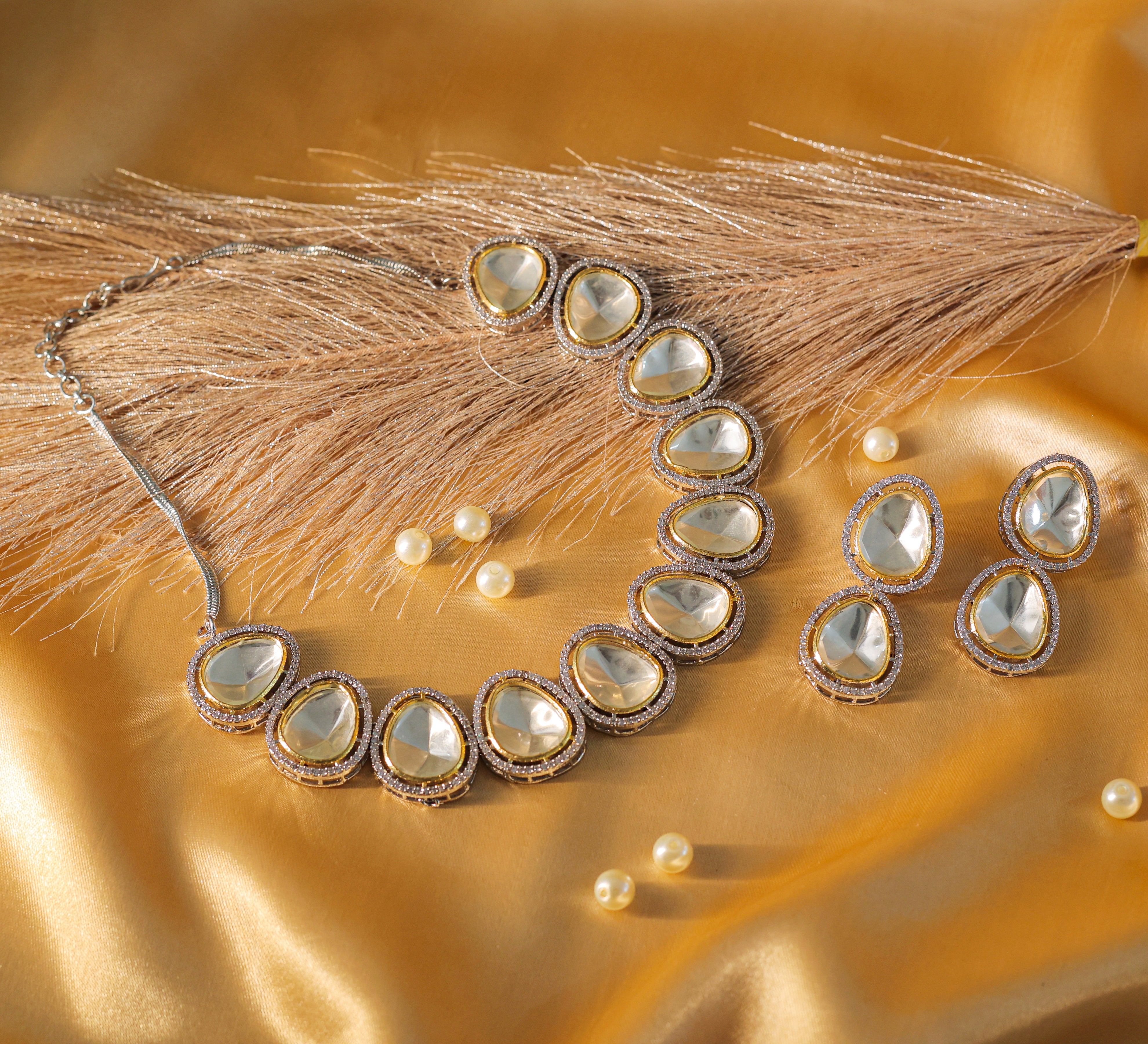 Kundan Polki Necklace Set in Antique Silver Plating - Adisha Jewels