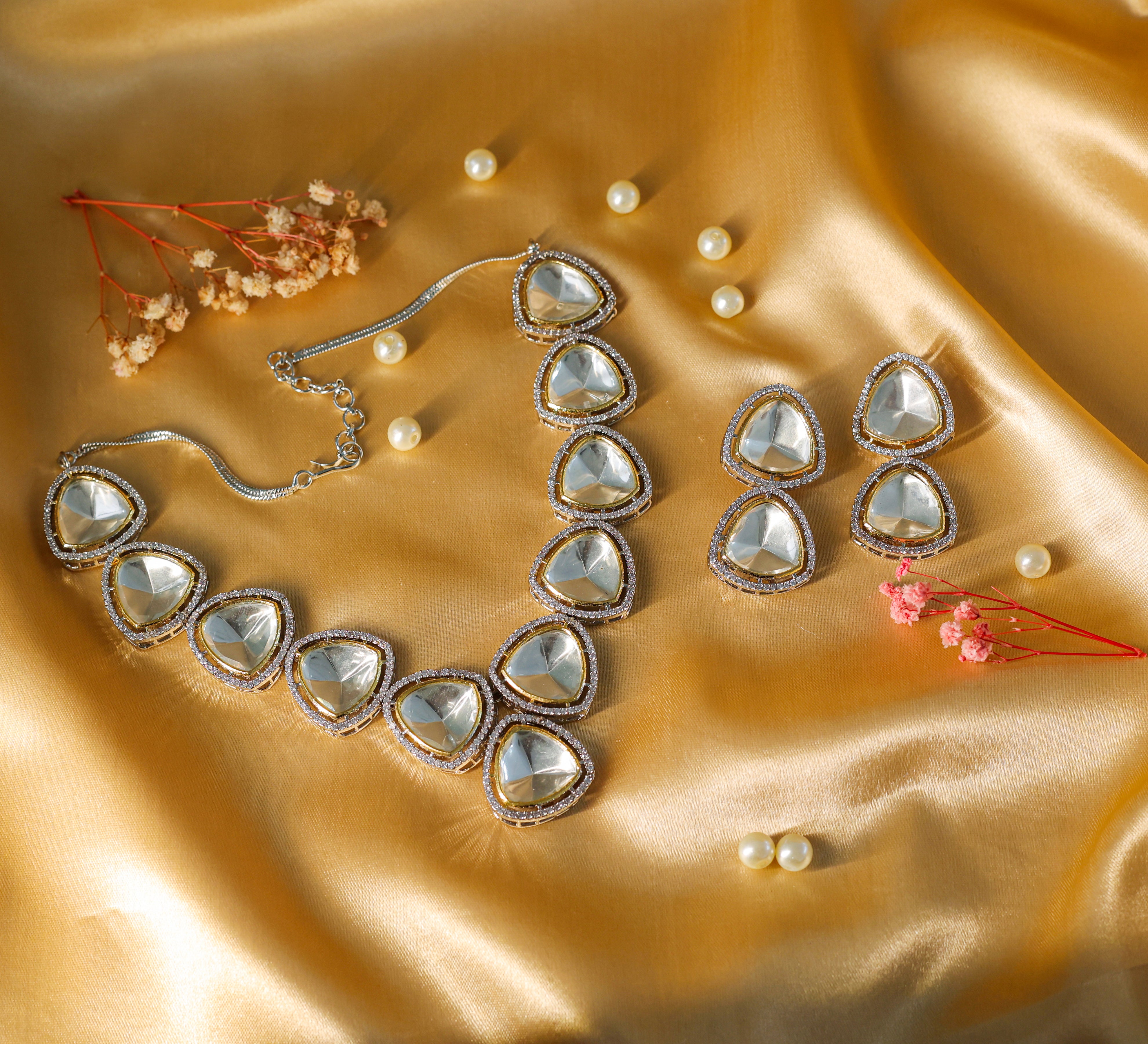 Kundan Polki Necklace Set in Antique Silver Plating - Adisha Jewels