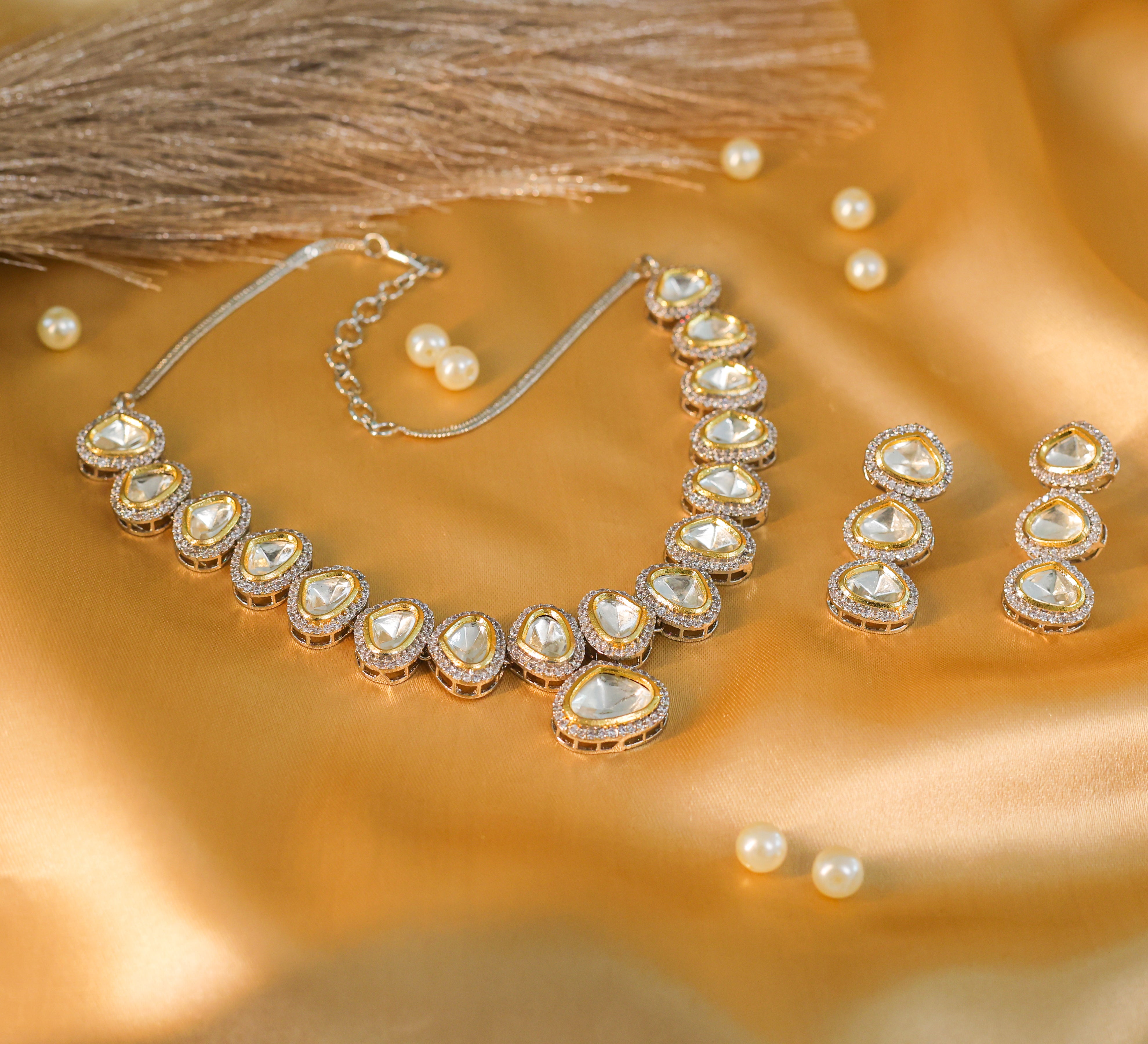 Victorian-Inspired Kundan Polki Necklace Set in Antique Silver Plating - Adisha Jewels