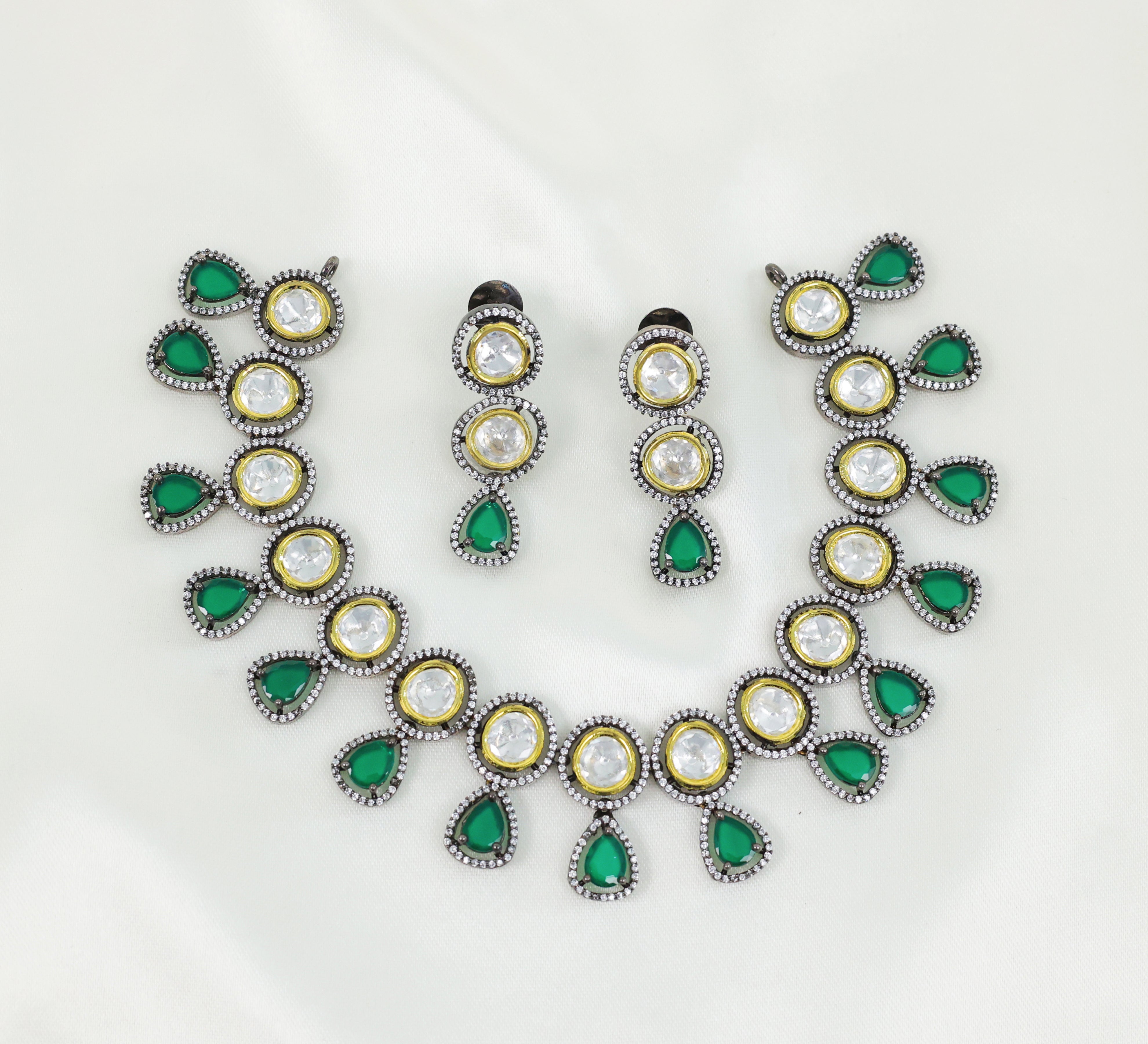 Victorian-Inspired Necklace Set with Hydro Stones & Kundan Polki - Adisha Jewels
