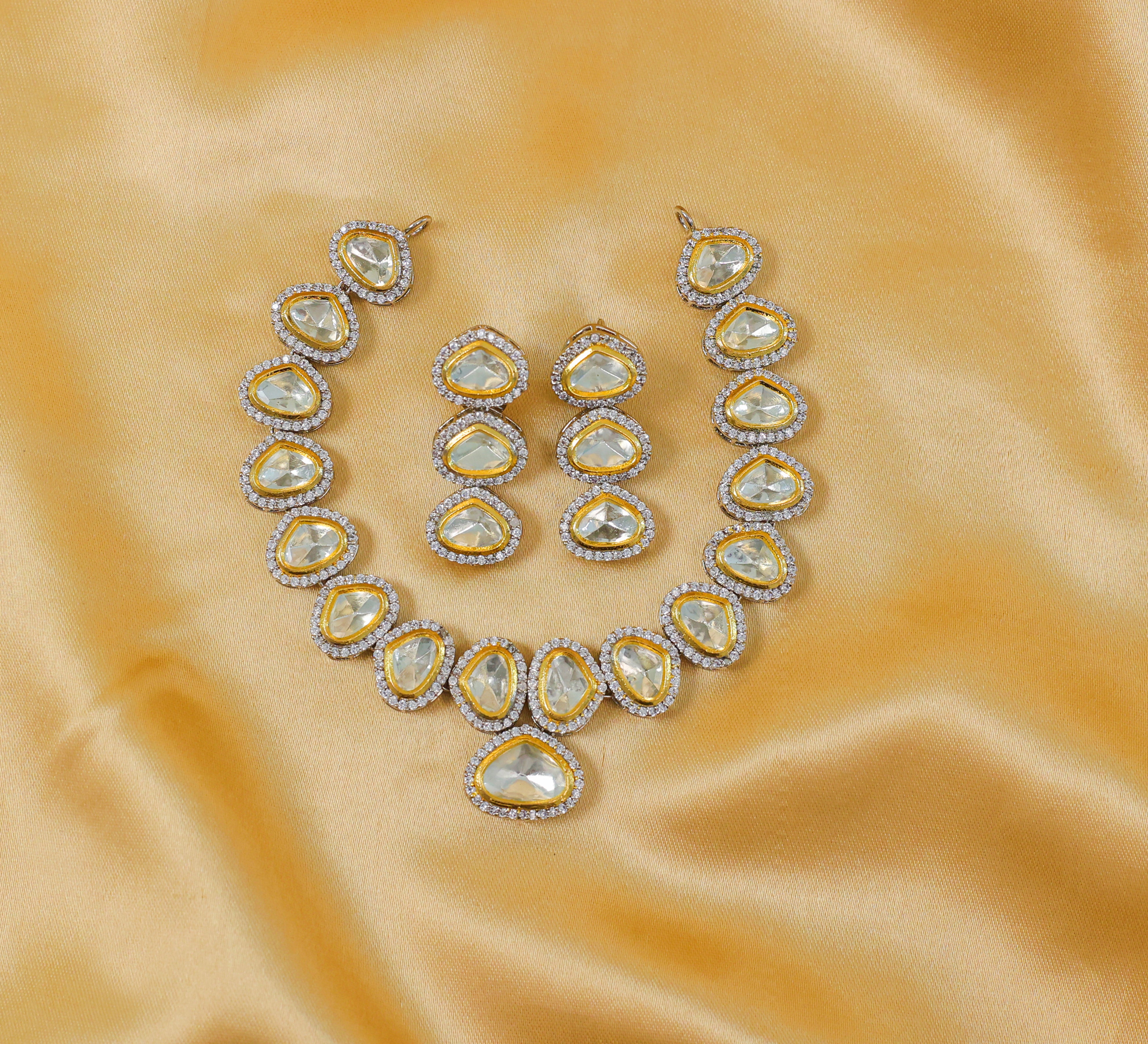Victorian-Inspired Kundan Polki Necklace Set in Antique Silver Plating - Adisha Jewels