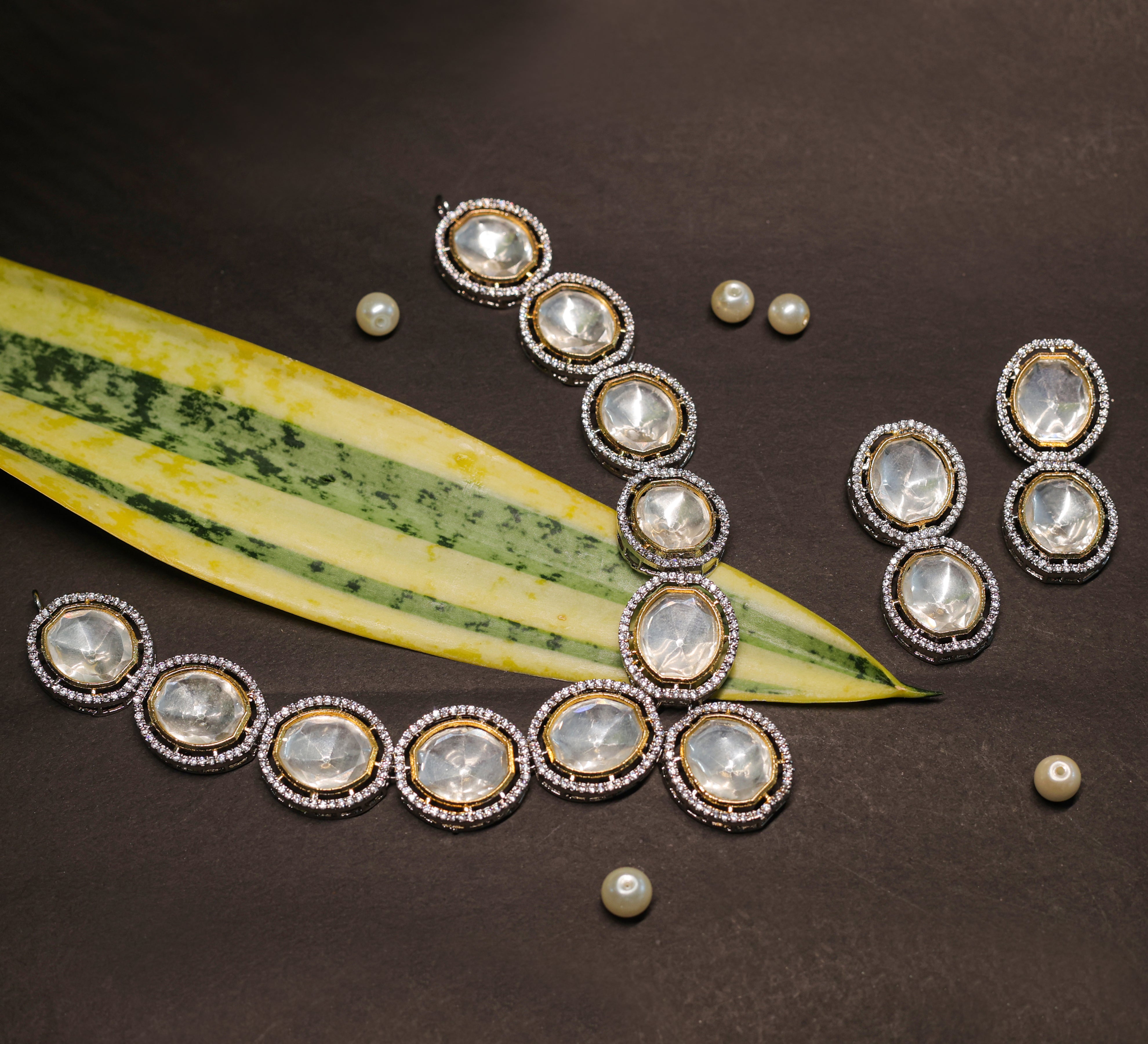 Kundan Polki Necklace Set in White Plating - Adisha Jewels