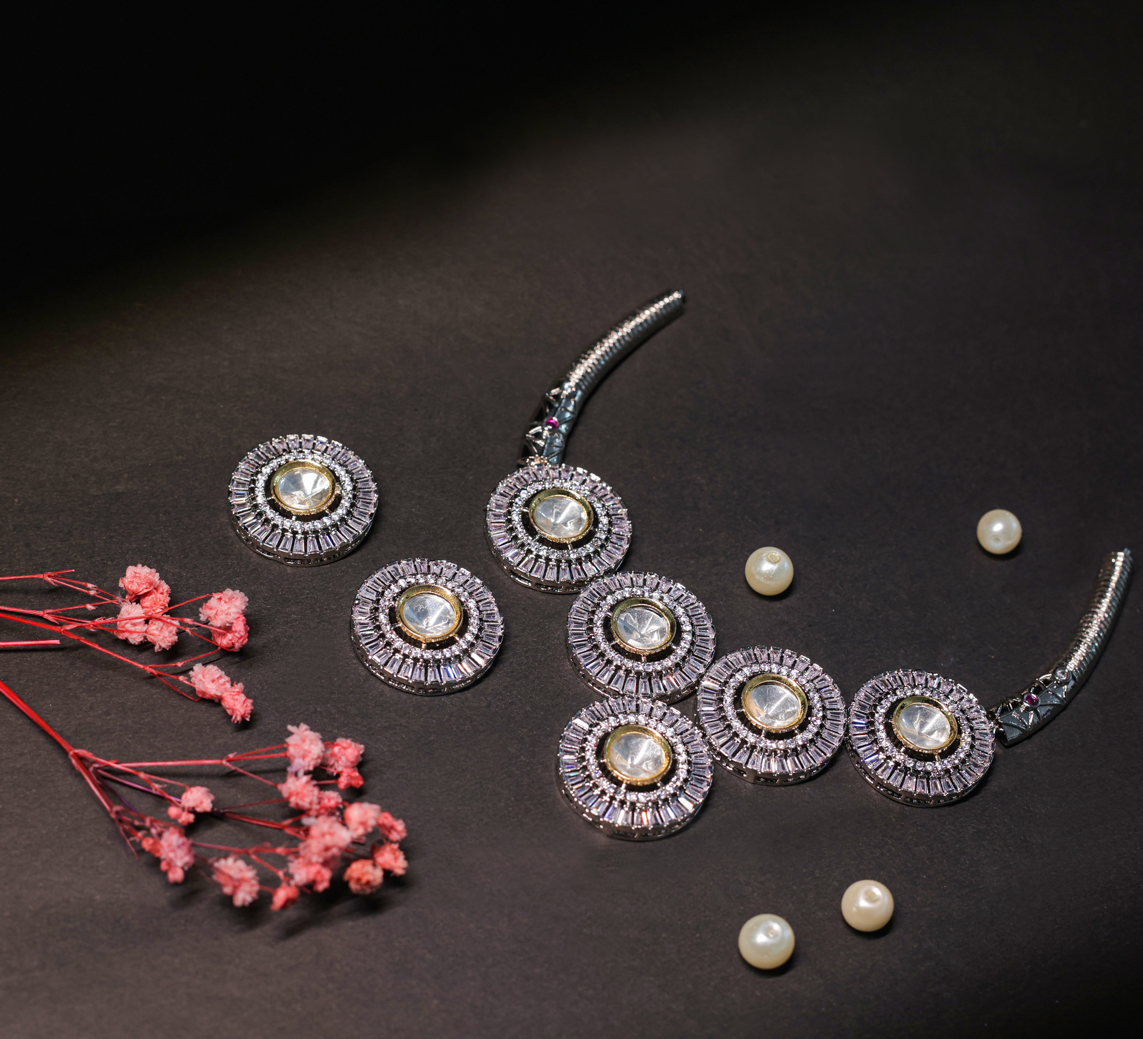 Kundan Polki Necklace Set in Antique Silver Plating - Adisha Jewels