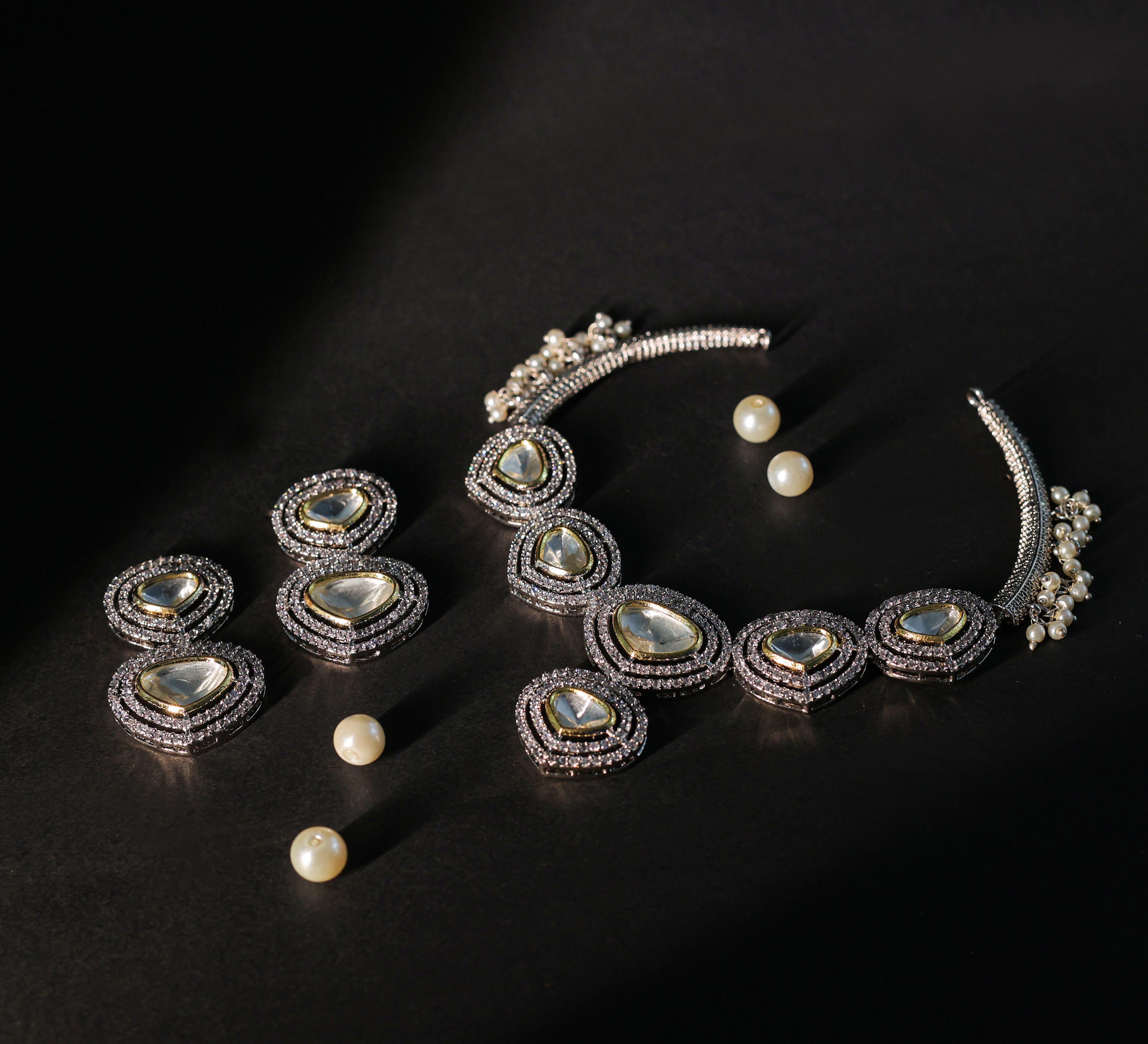 Victorian-Inspired Kundan Polki Necklace Set in Antique Silver Plating - Adisha Jewels