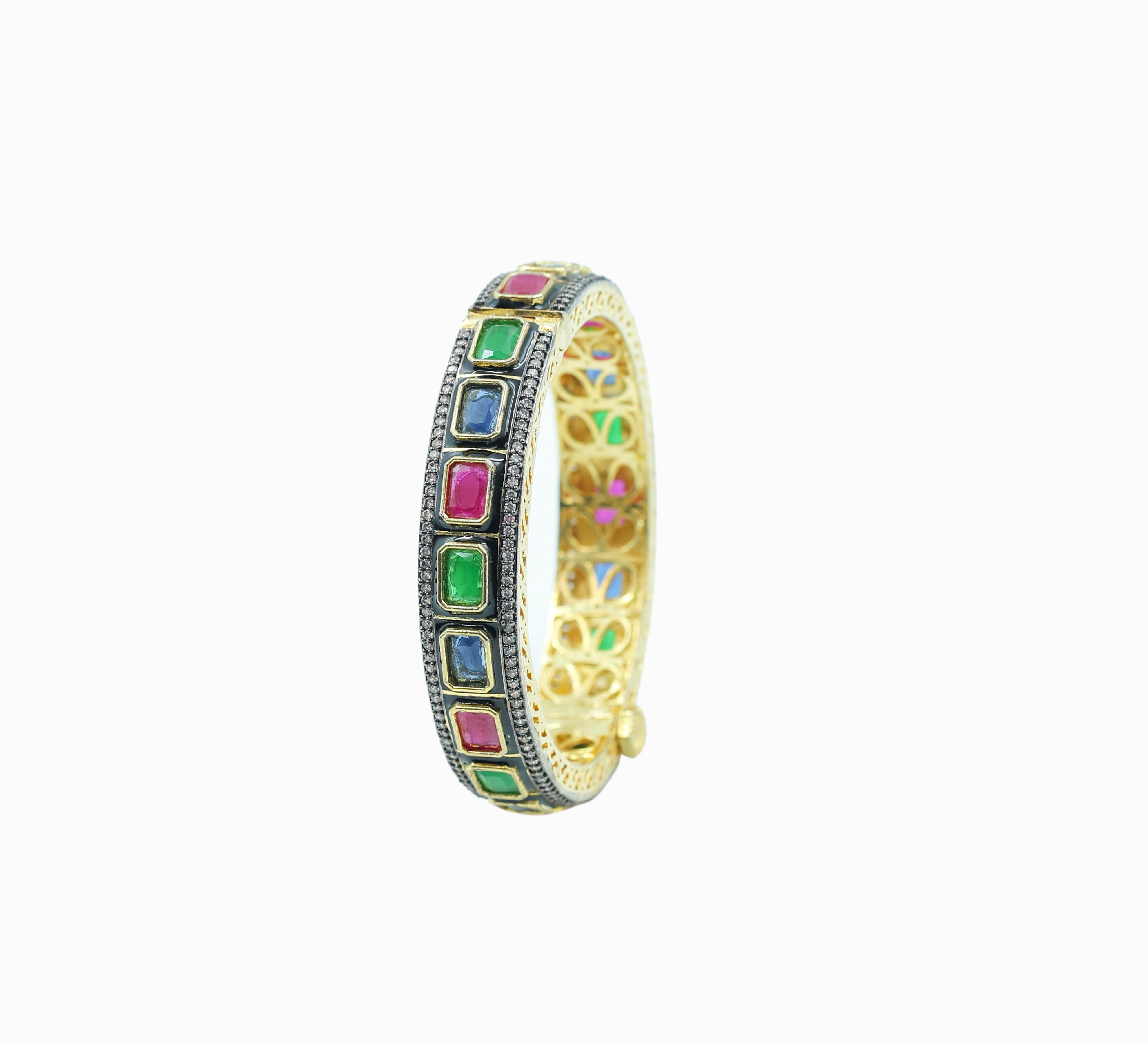Gold Polished Bracelet with Multicolor Stones
