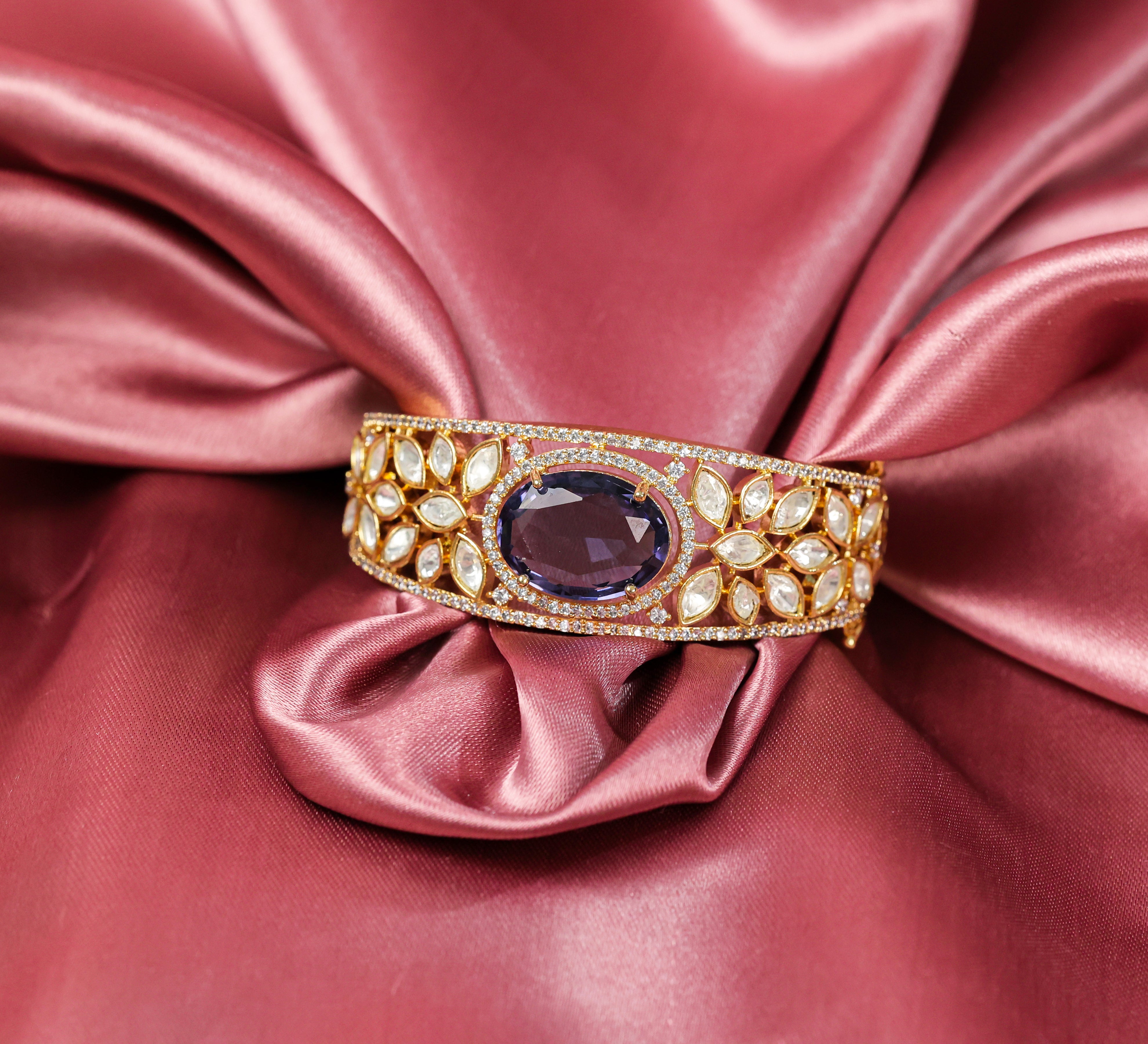 Openable Goldpolish Bracelet with Kundan & Hydro Stones