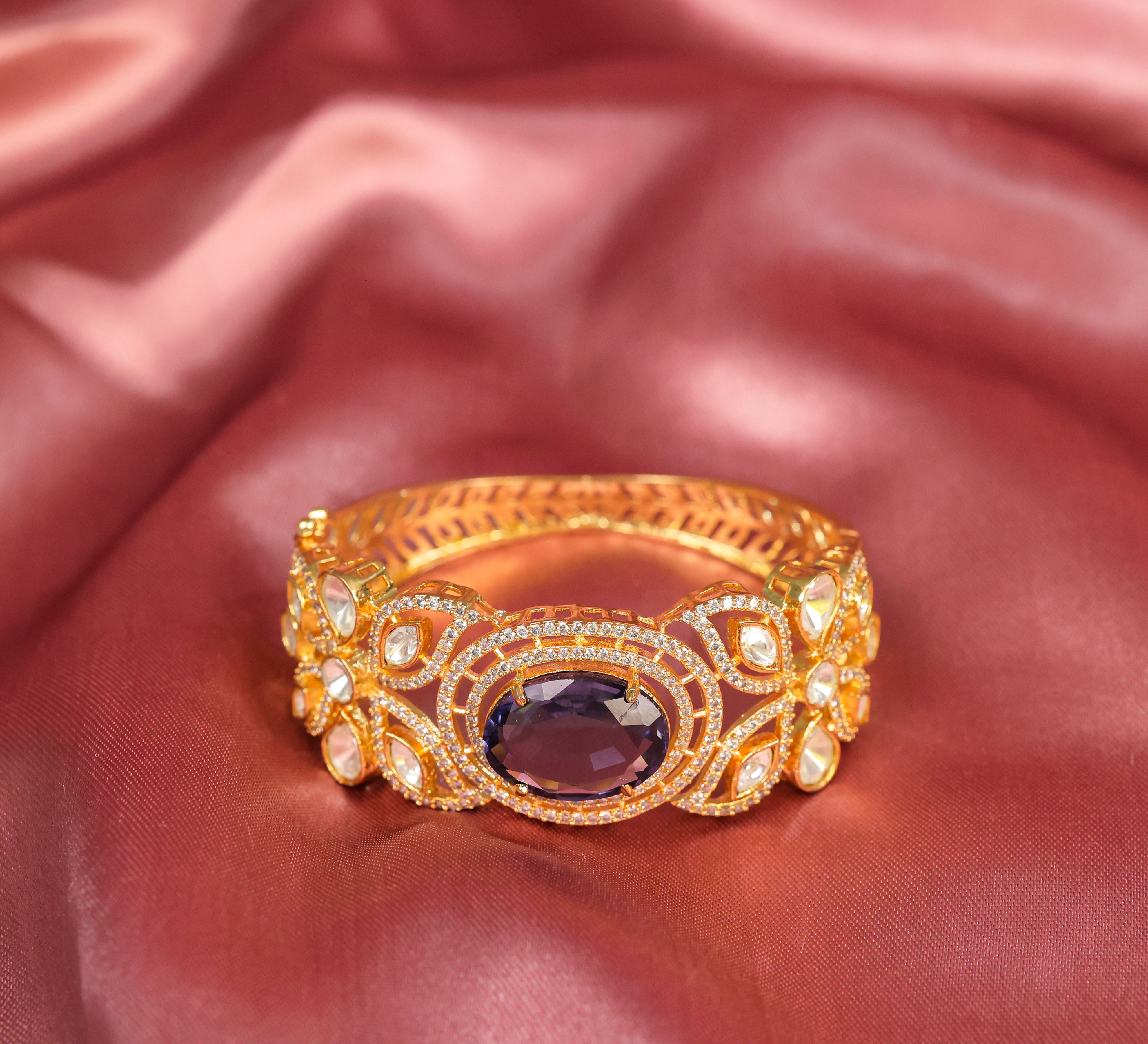 Gold polish Kundan and Hydro Stone Openable Bracelet