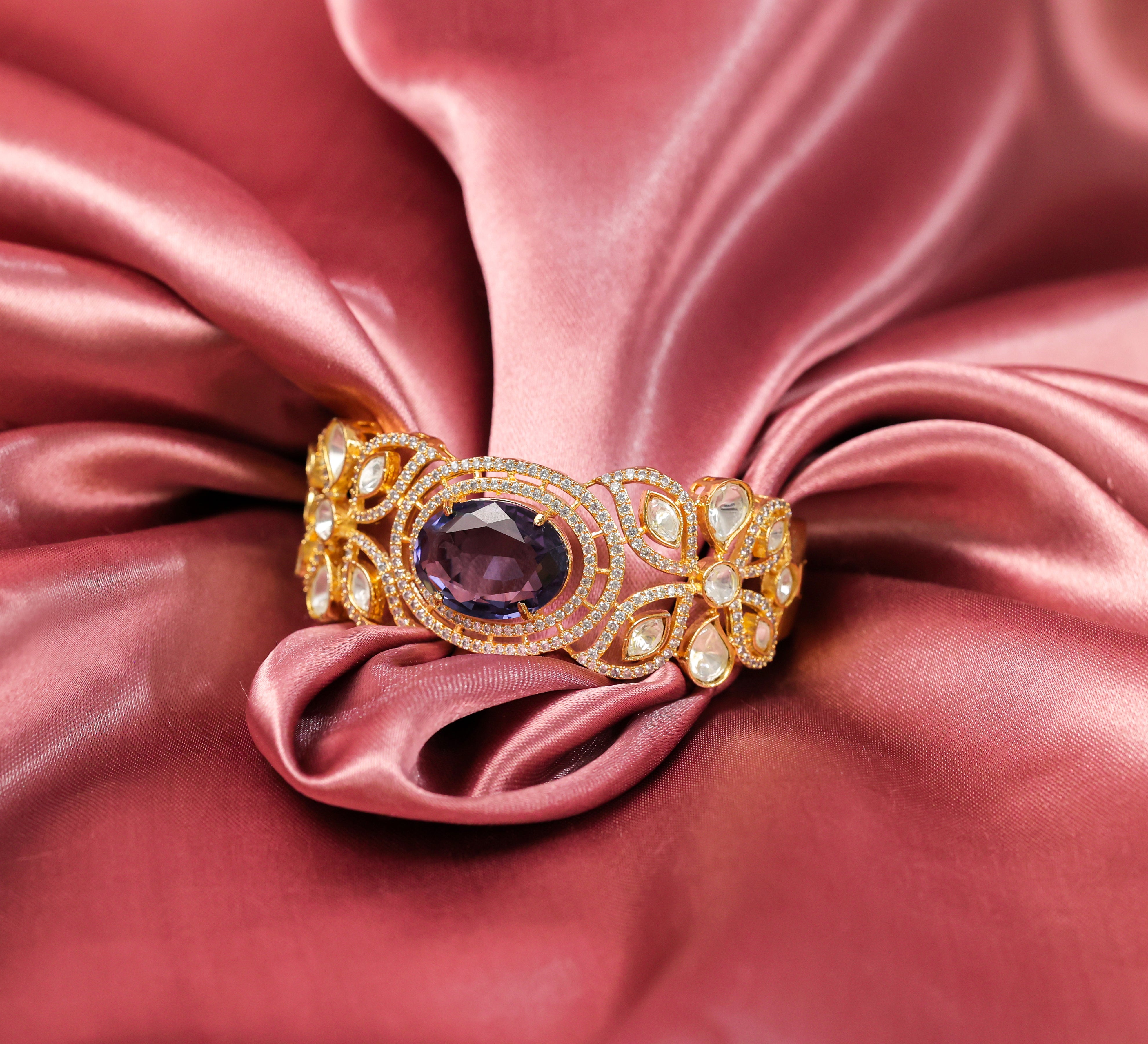Gold polish Kundan and Hydro Stone Openable Bracelet