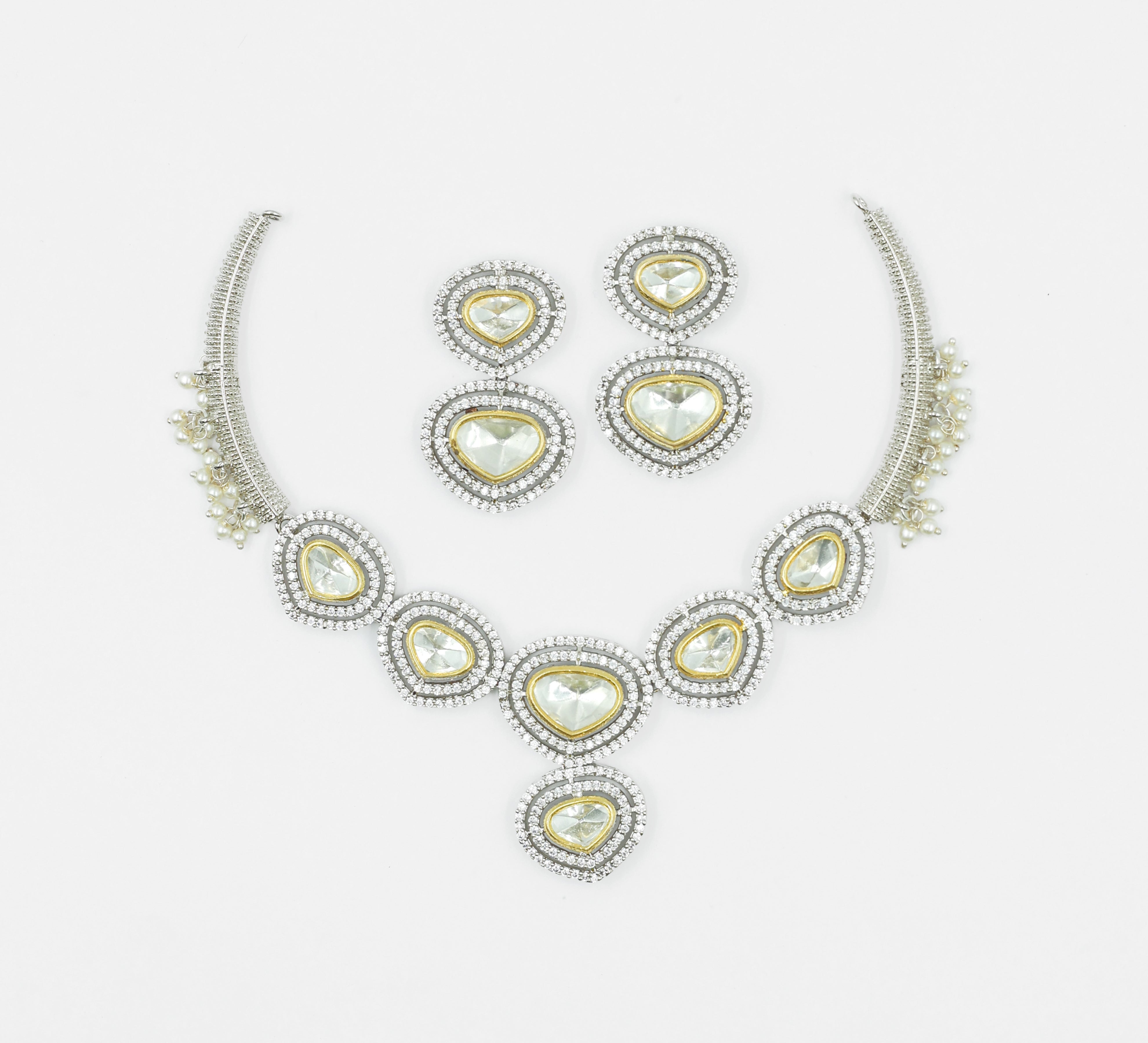 Victorian-Inspired Kundan Polki Necklace Set in Antique Silver Plating - Adisha Jewels
