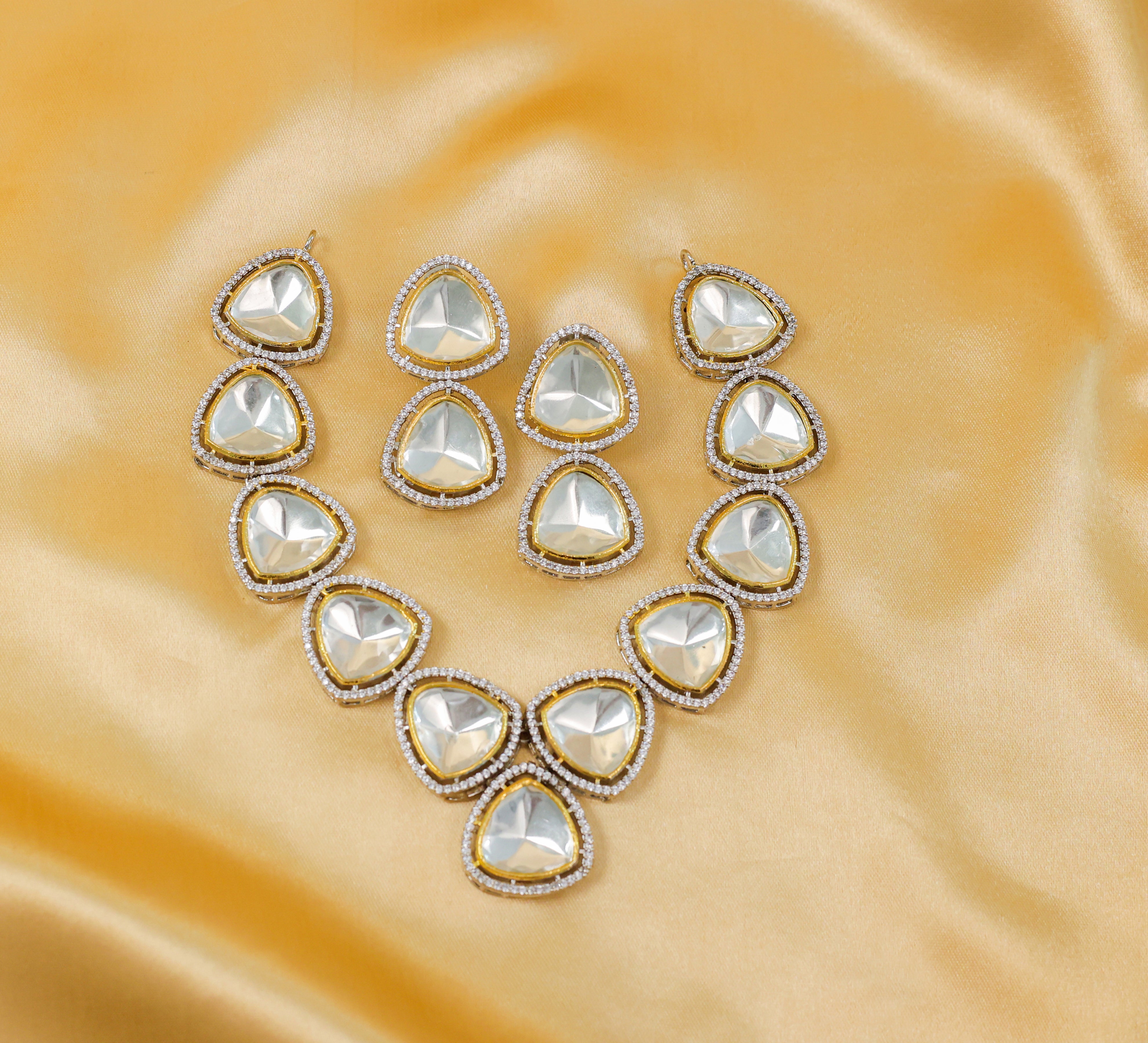 Kundan Polki Necklace Set in Antique Silver Plating - Adisha Jewels