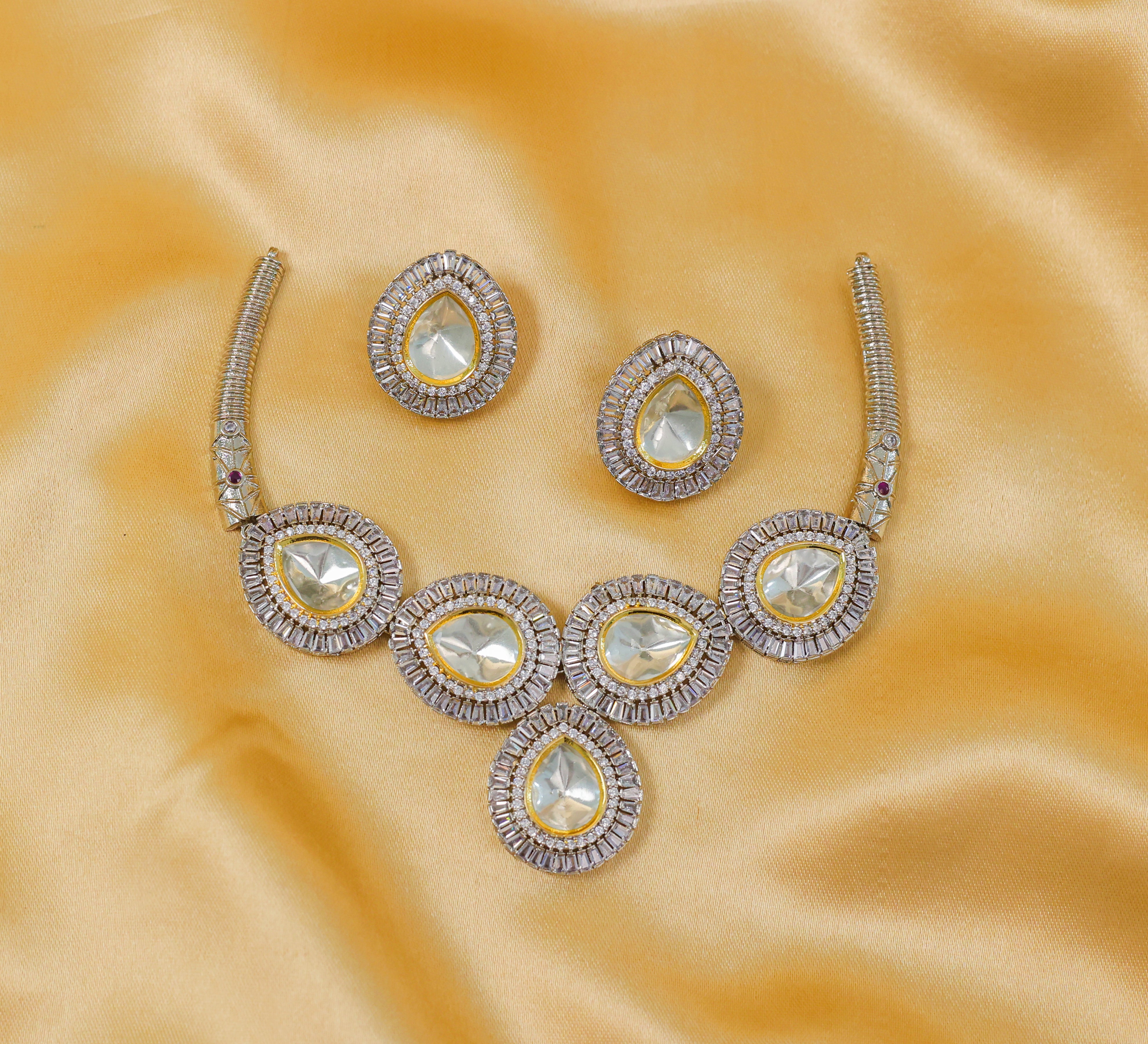 Kundan Polki Necklace Set in Antique Silver Plating - Adisha Jewels
