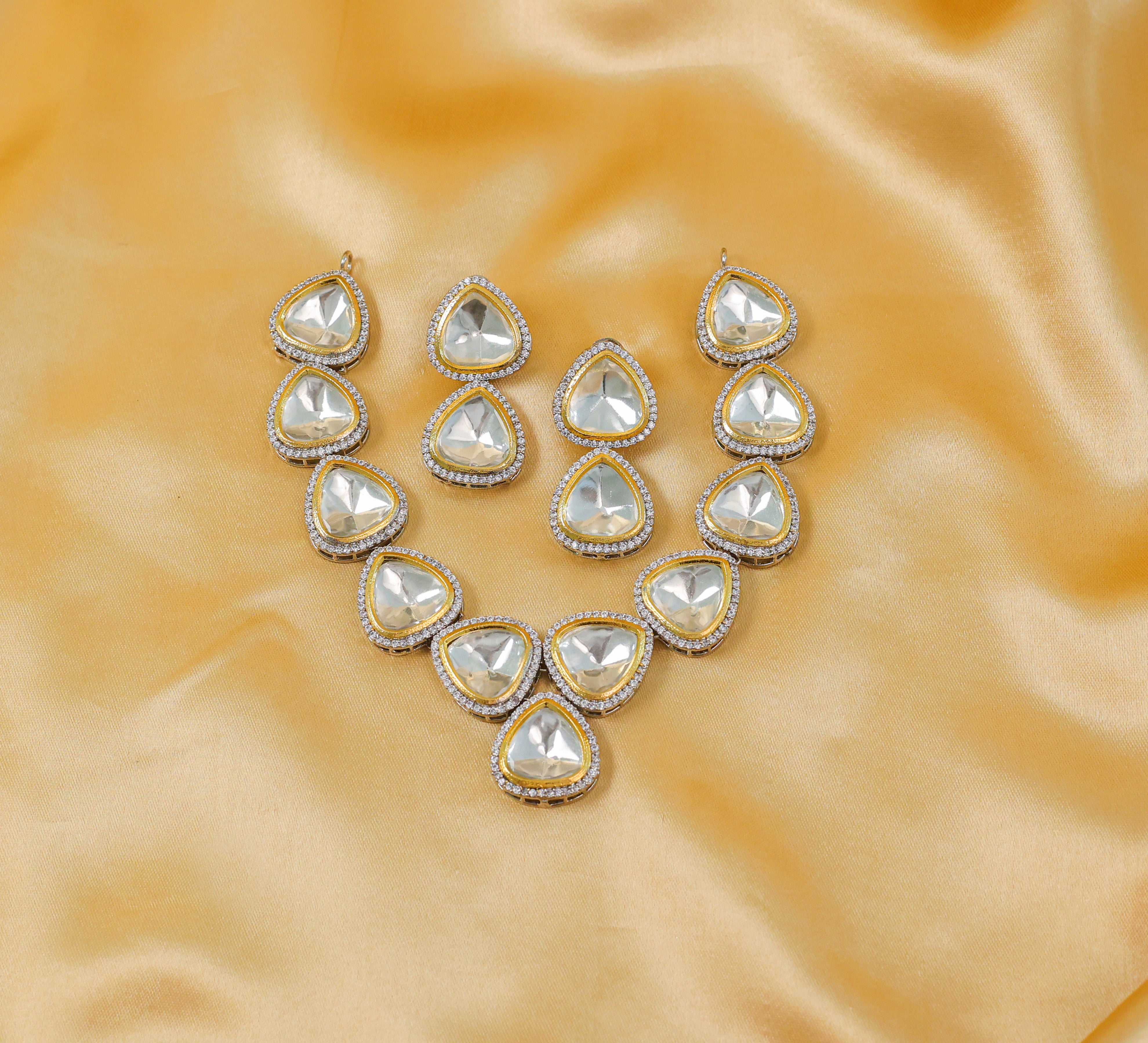 Kundan Polki Necklace Set in Antique Silver Plating - Adisha Jewels