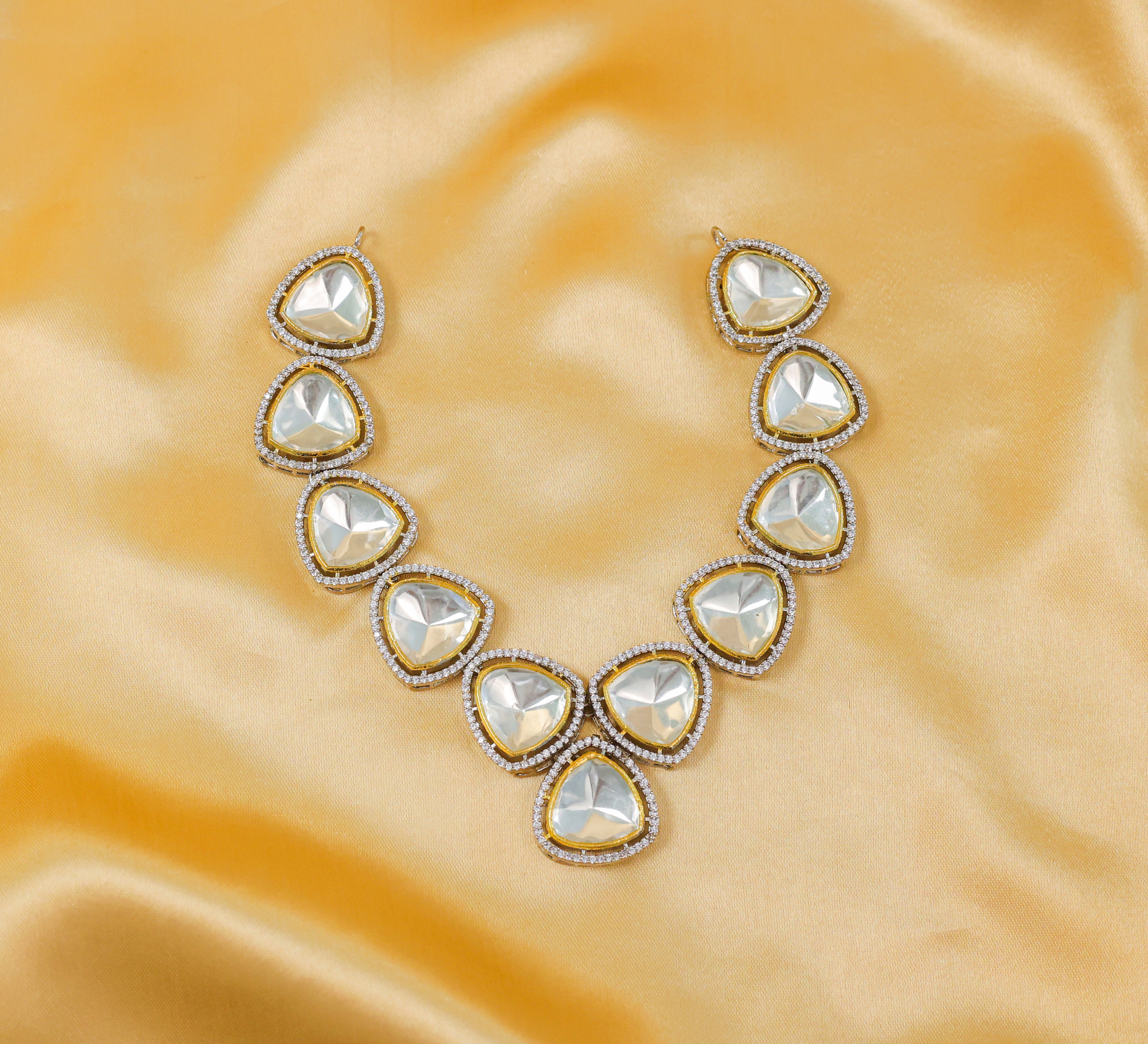 Kundan Polki Necklace Set in Antique Silver Plating - Adisha Jewels