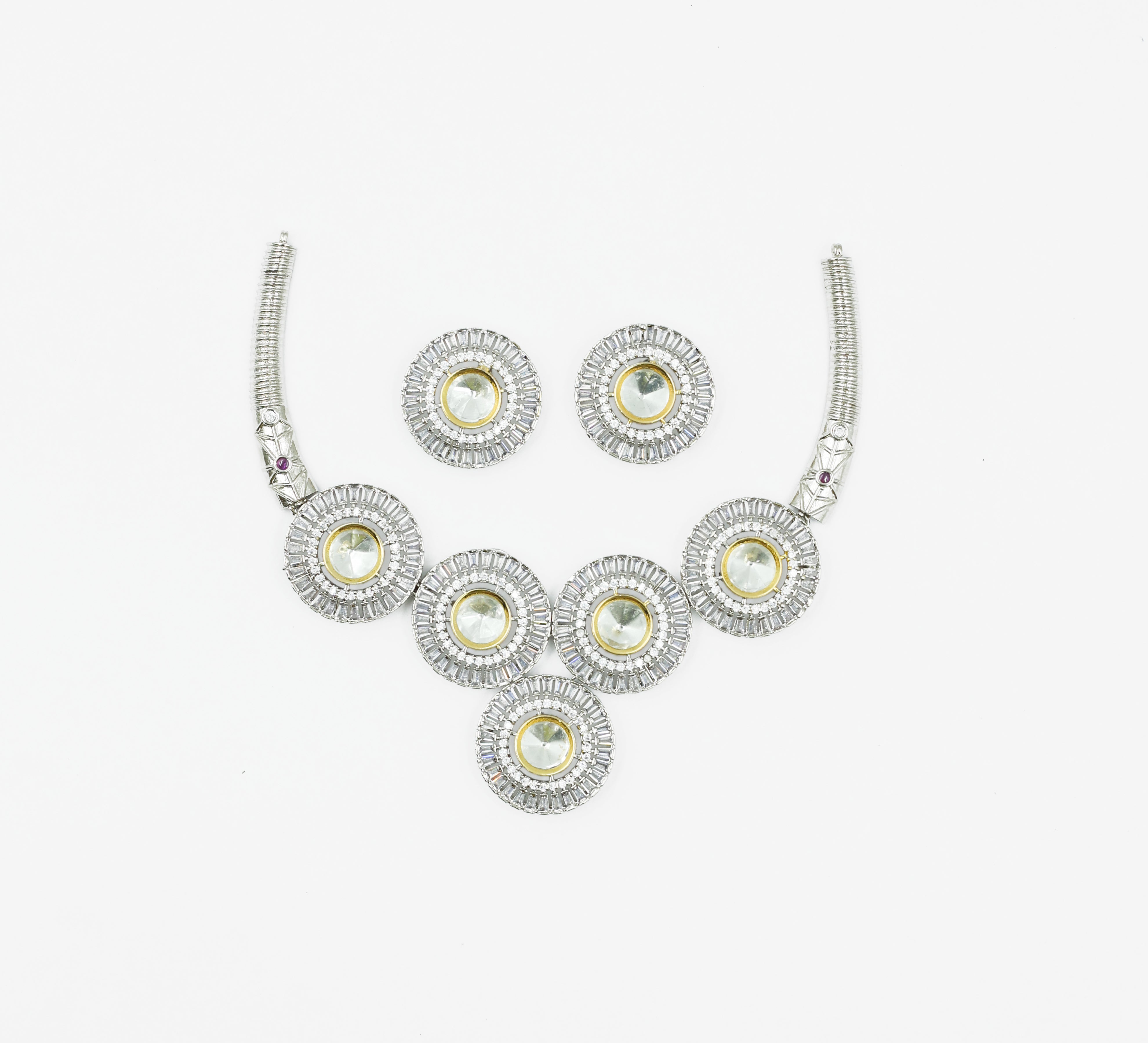 Kundan Polki Necklace Set in Antique Silver Plating - Adisha Jewels