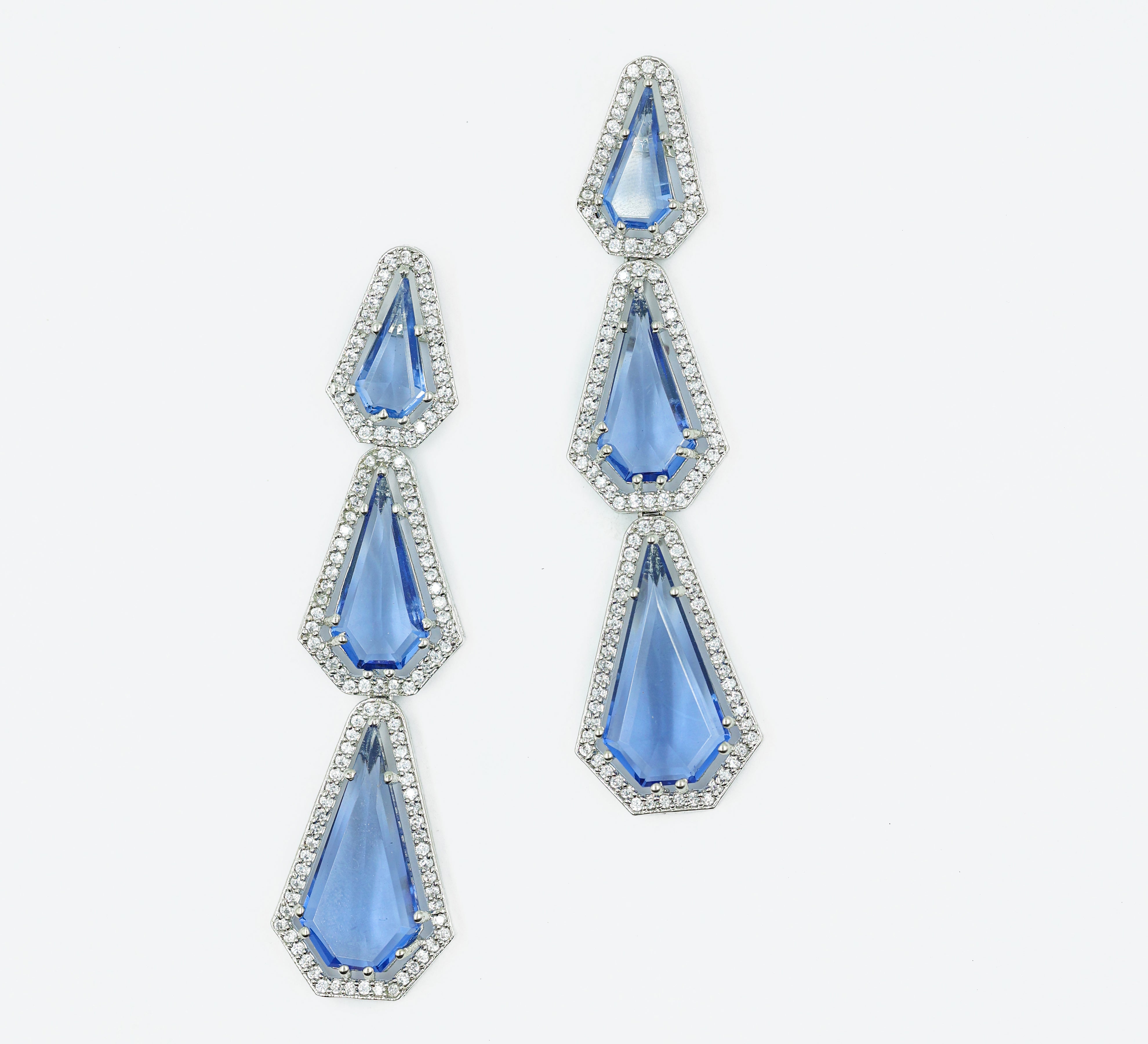 White-Plated Three-Tiered Earrings with Hydro Stones - Adisha Jewels