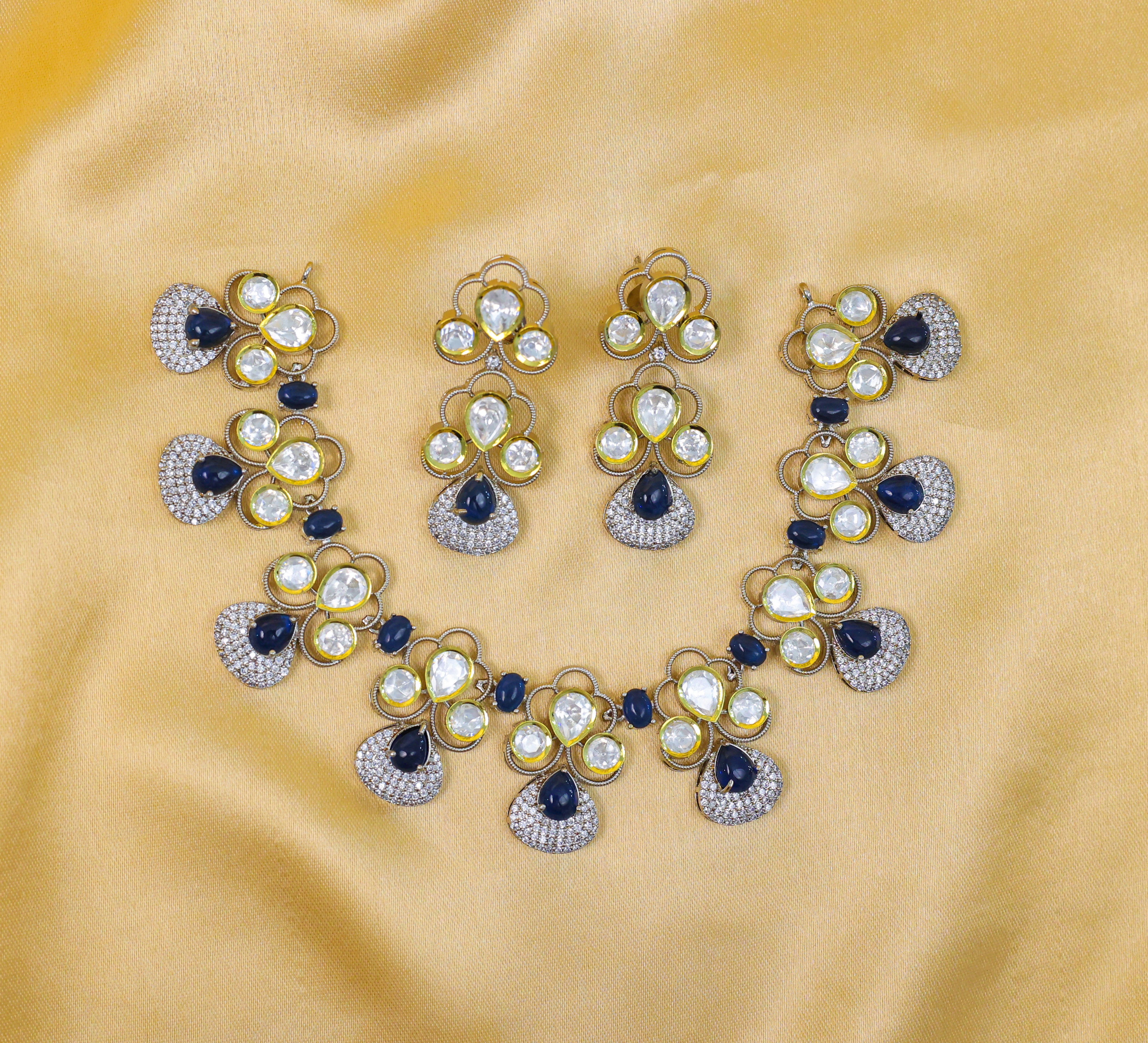 Victorian-Inspired Necklace Set with Hydro Stones & Kundan Polki - Adisha Jewels
