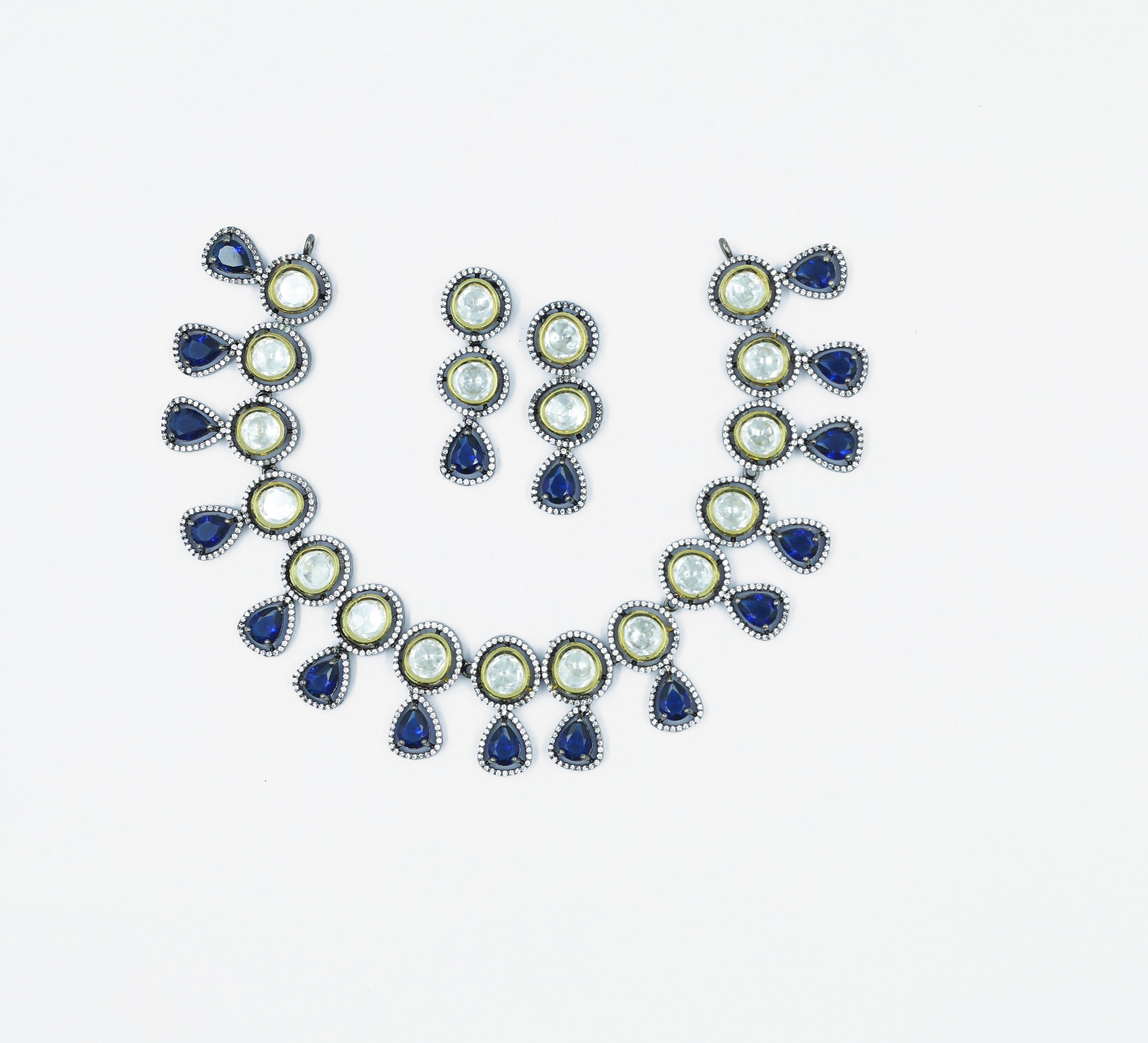 Victorian-Inspired Necklace Set with Hydro Stones & Kundan Polki - Adisha Jewels