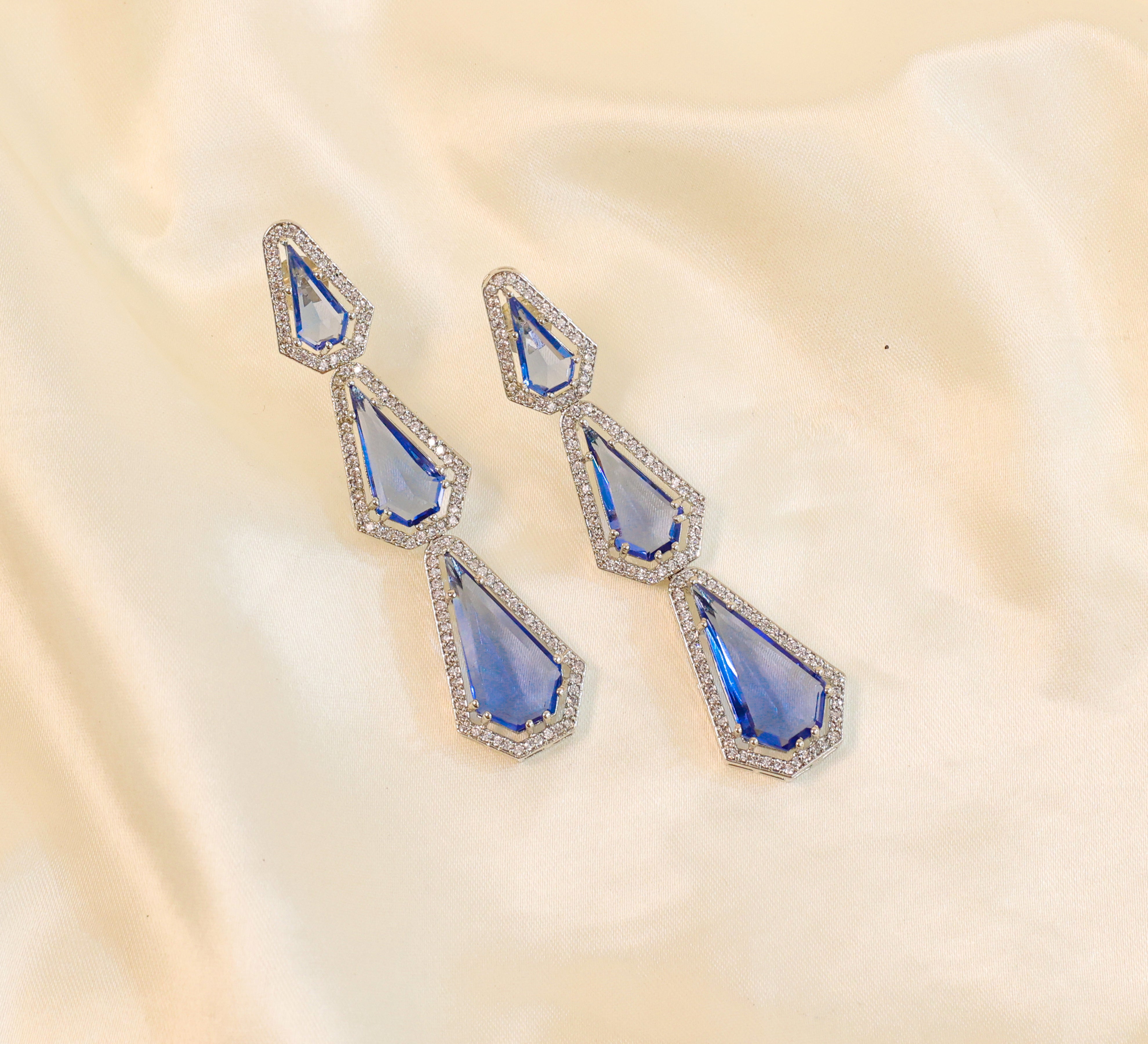 White-Plated Three-Tiered Earrings with Hydro Stones - Adisha Jewels