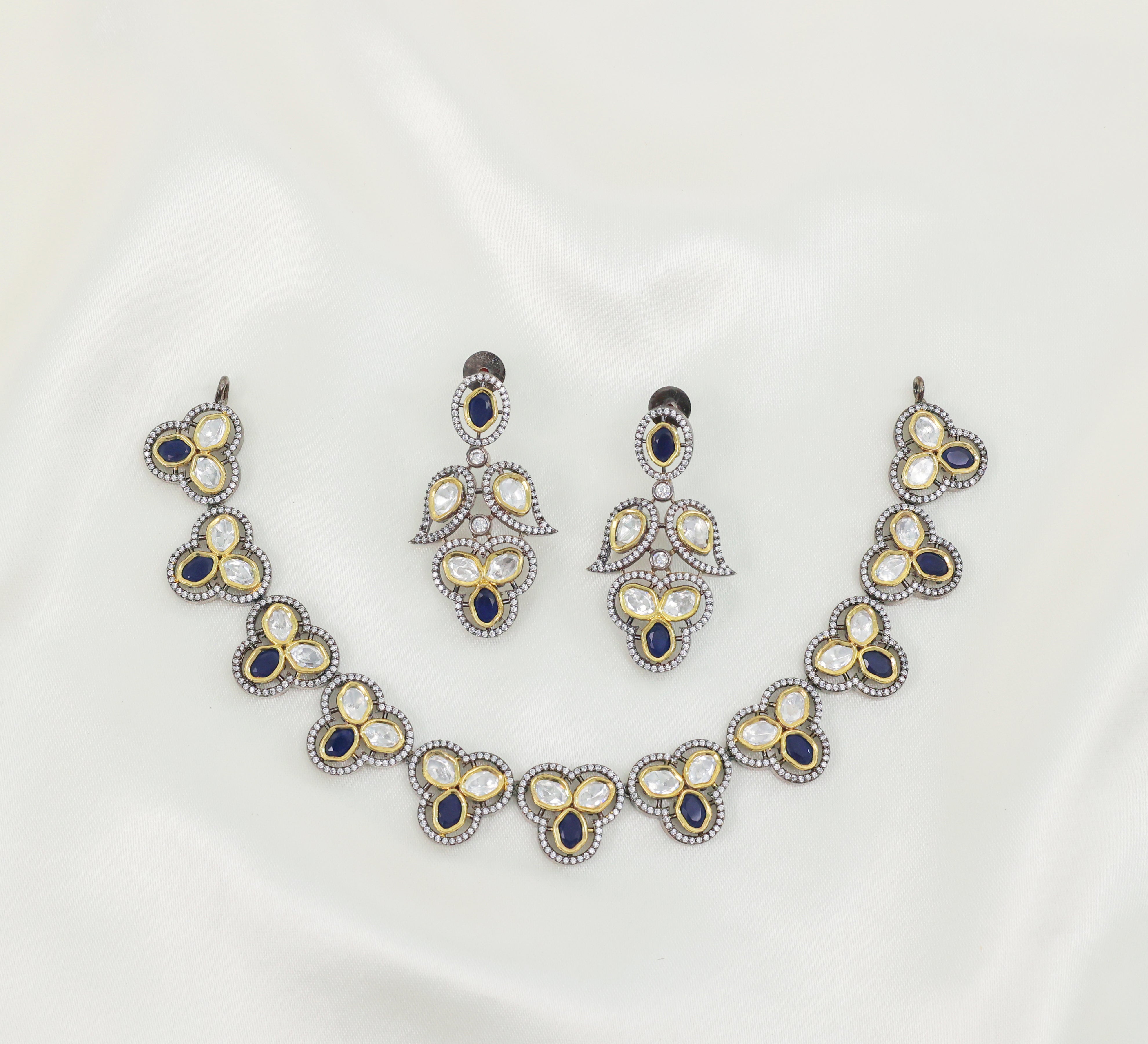Victorian-Inspired Necklace Set with Hydro Stones & Kundan Polki - Adisha Jewels