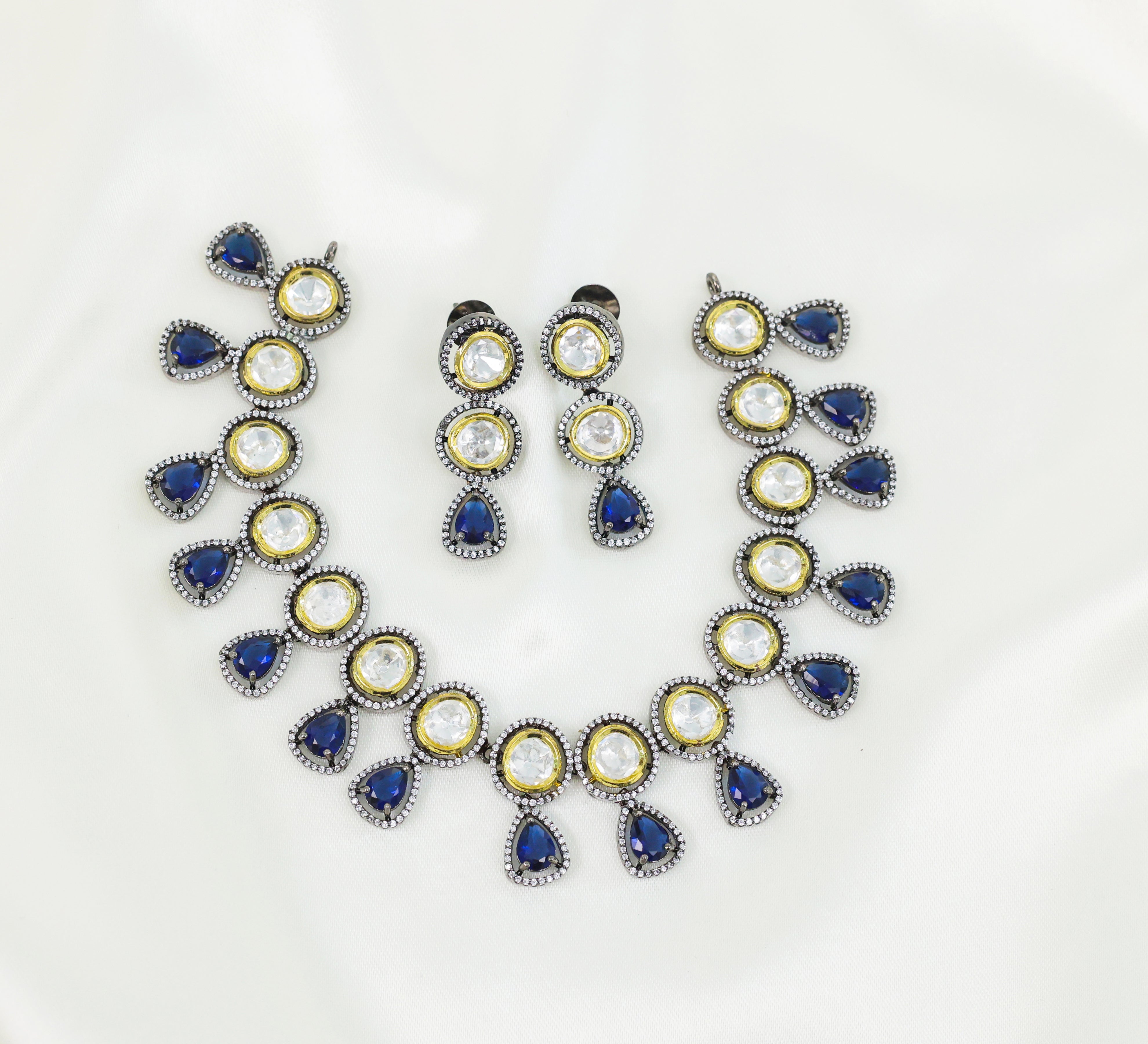 Victorian-Inspired Necklace Set with Hydro Stones & Kundan Polki - Adisha Jewels
