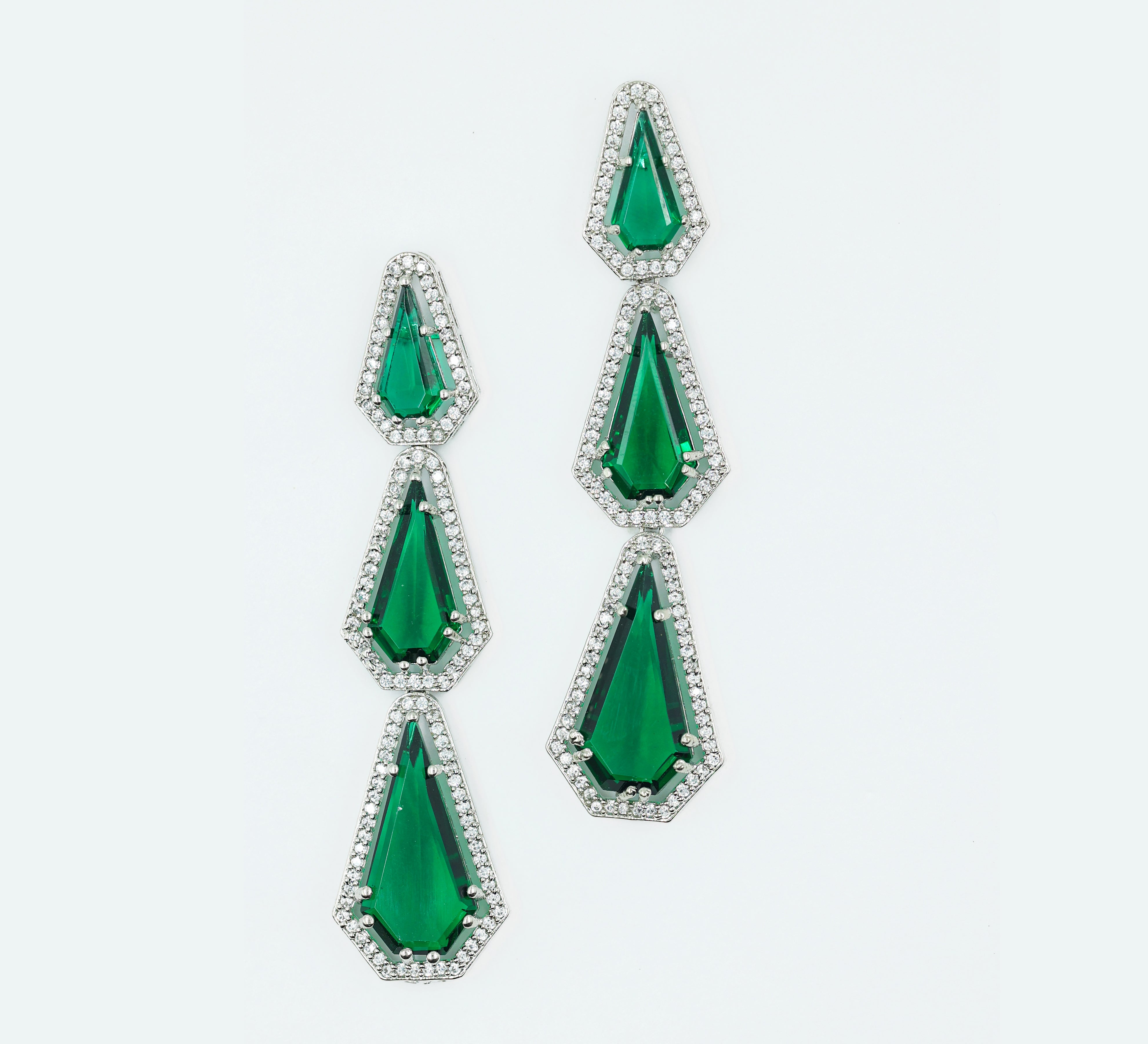 White-Plated Three-Tiered Earrings with Hydro Stones - Adisha Jewels