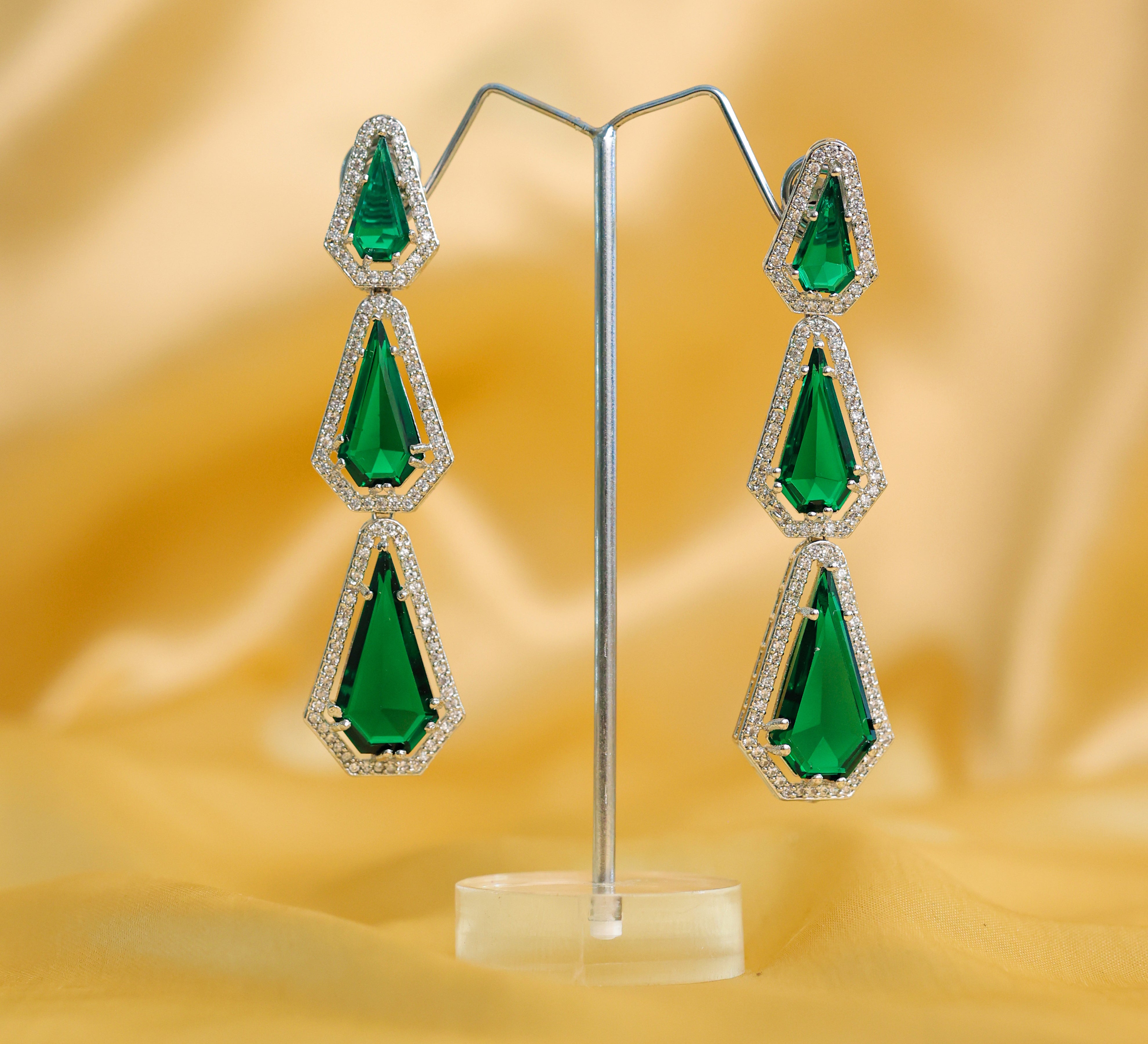 White-Plated Three-Tiered Earrings with Hydro Stones - Adisha Jewels