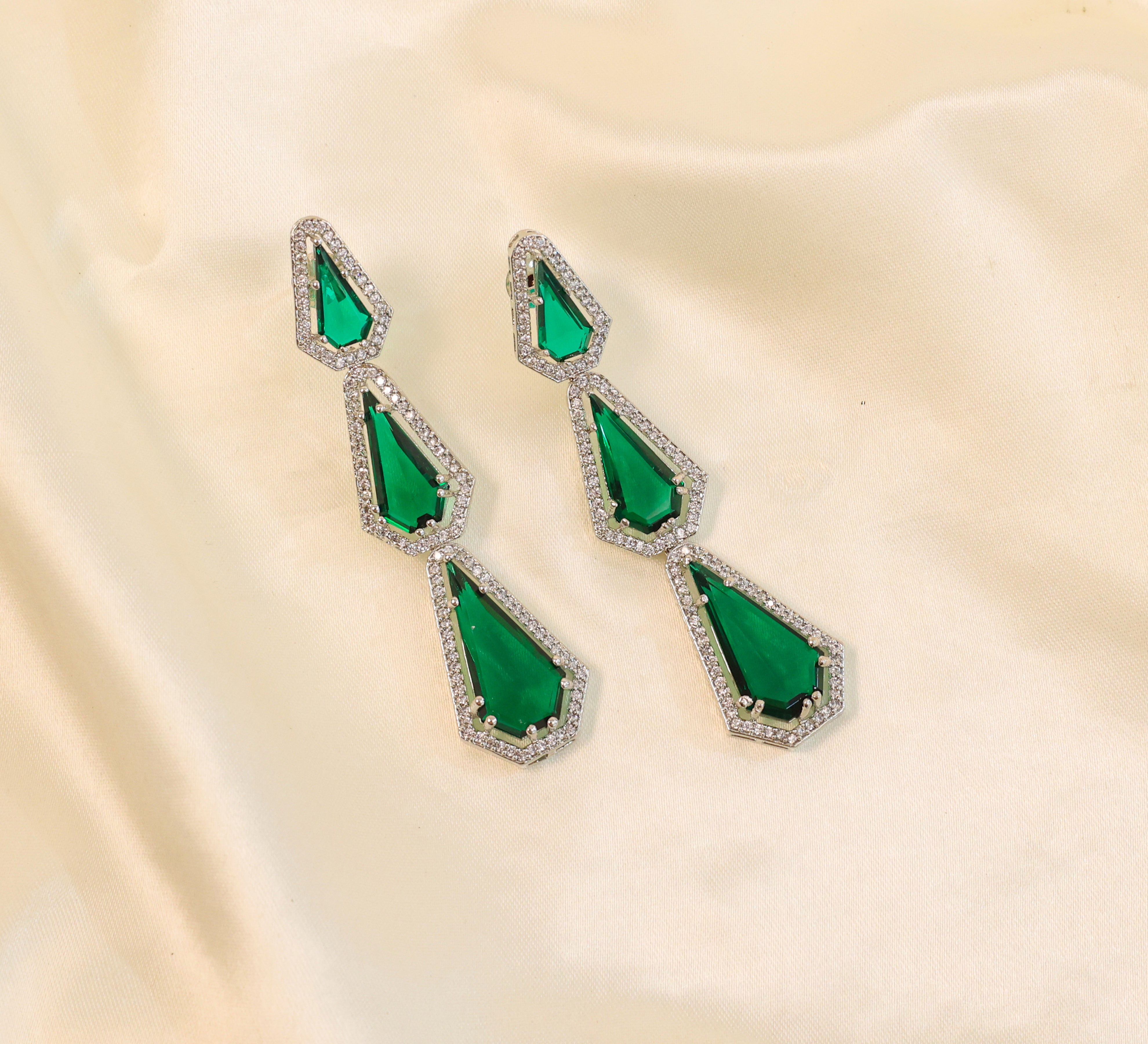 White-Plated Three-Tiered Earrings with Hydro Stones - Adisha Jewels