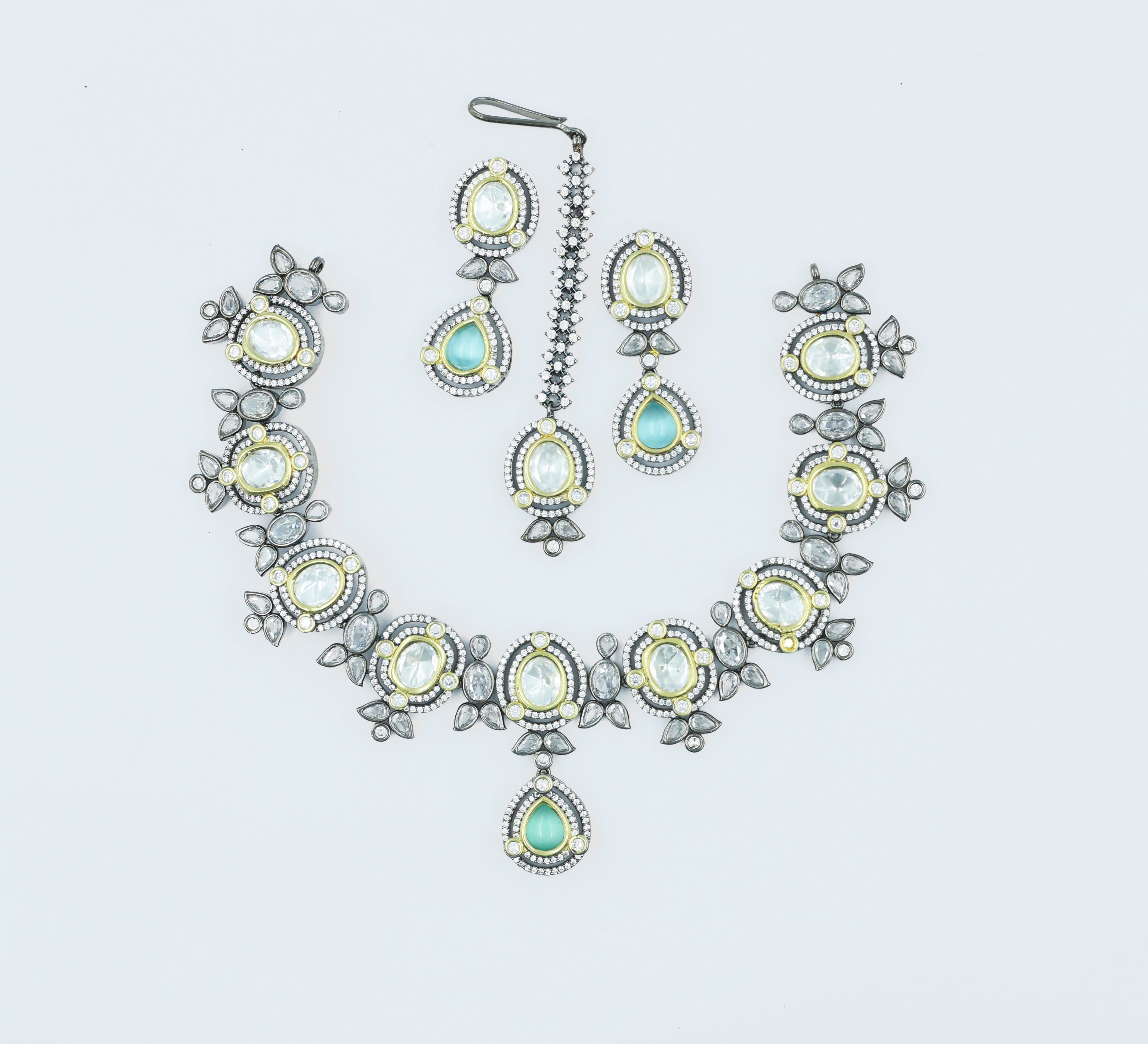 Victorian-Inspired Necklace Set with Hydro Stones & Kundan Polki - Adisha Jewels