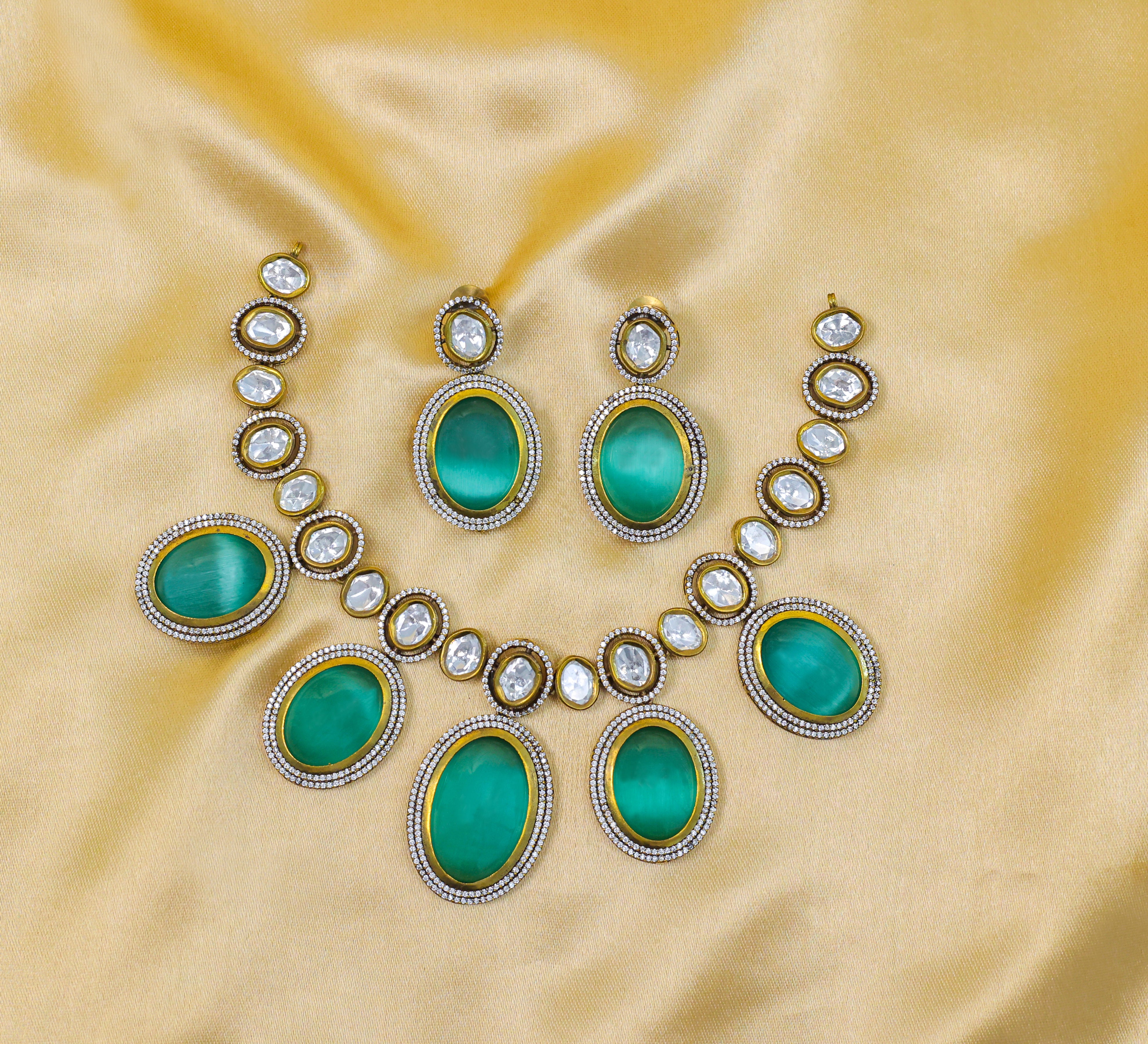 Victorian-Inspired Necklace Set with Hydro Stones & Kundan Polki - Adisha Jewels