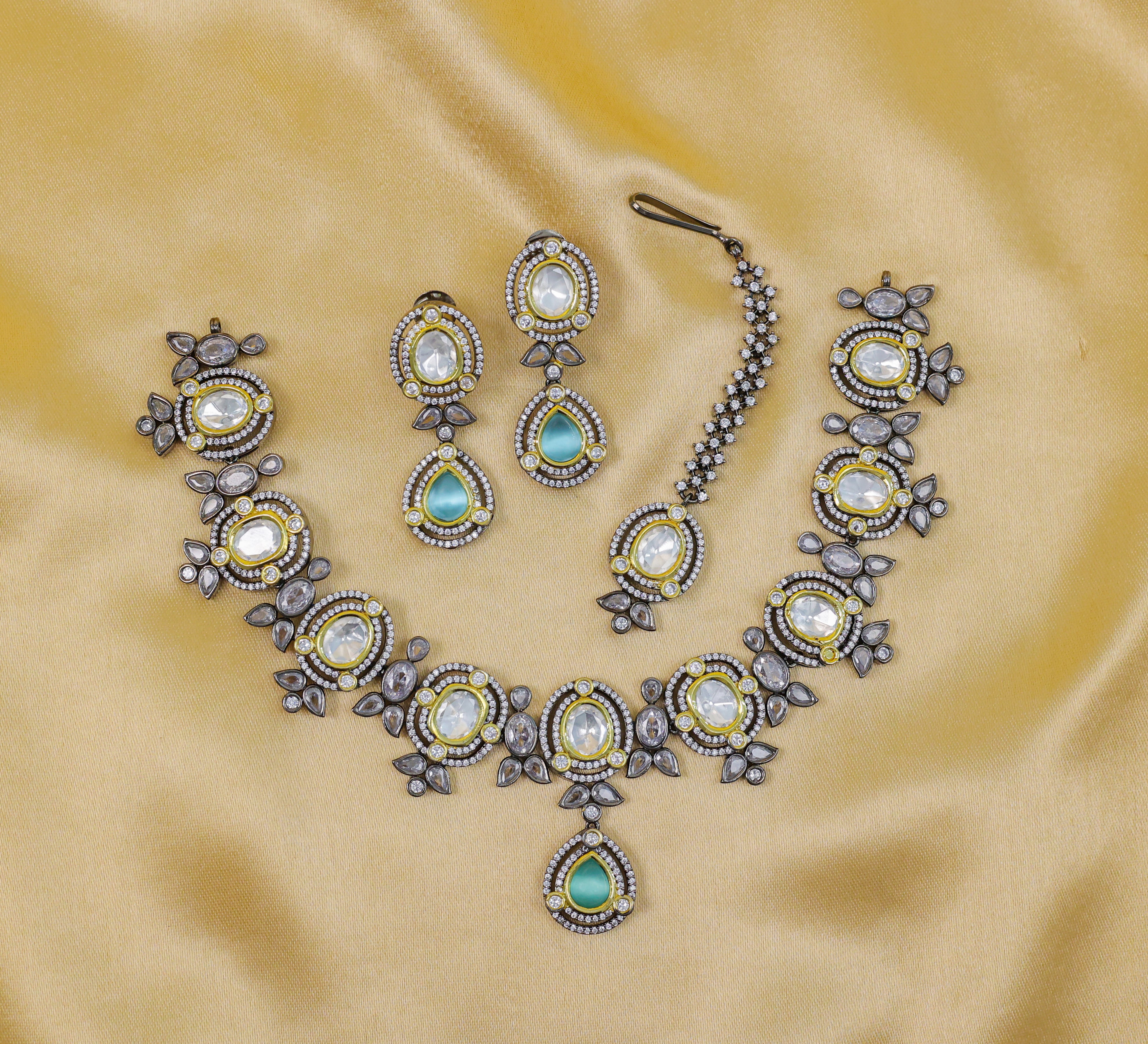 Victorian-Inspired Necklace Set with Hydro Stones & Kundan Polki - Adisha Jewels