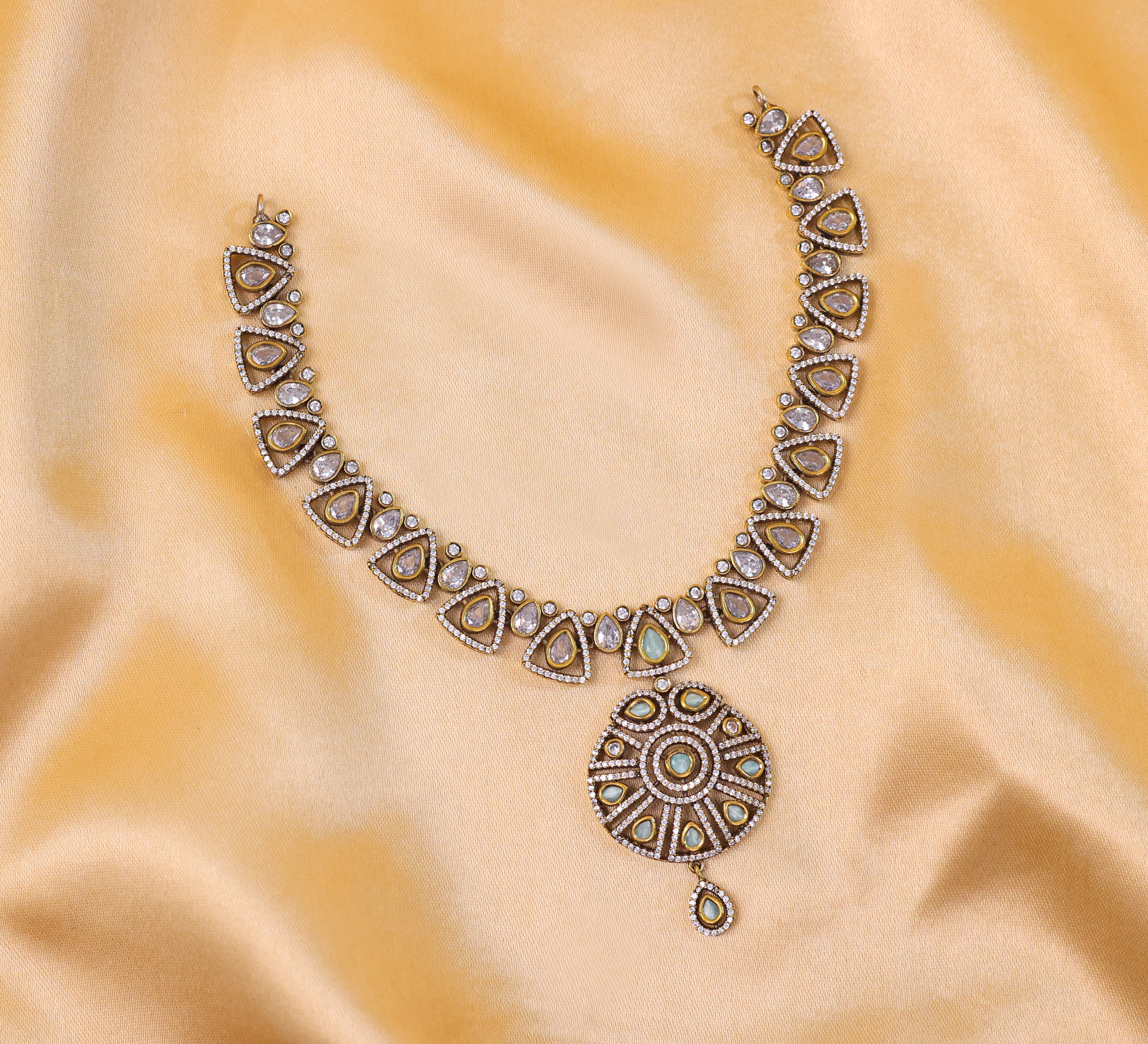 Victorian-Inspired Kundan Polki Necklace Set with Hydro Stones - Adisha Jewels