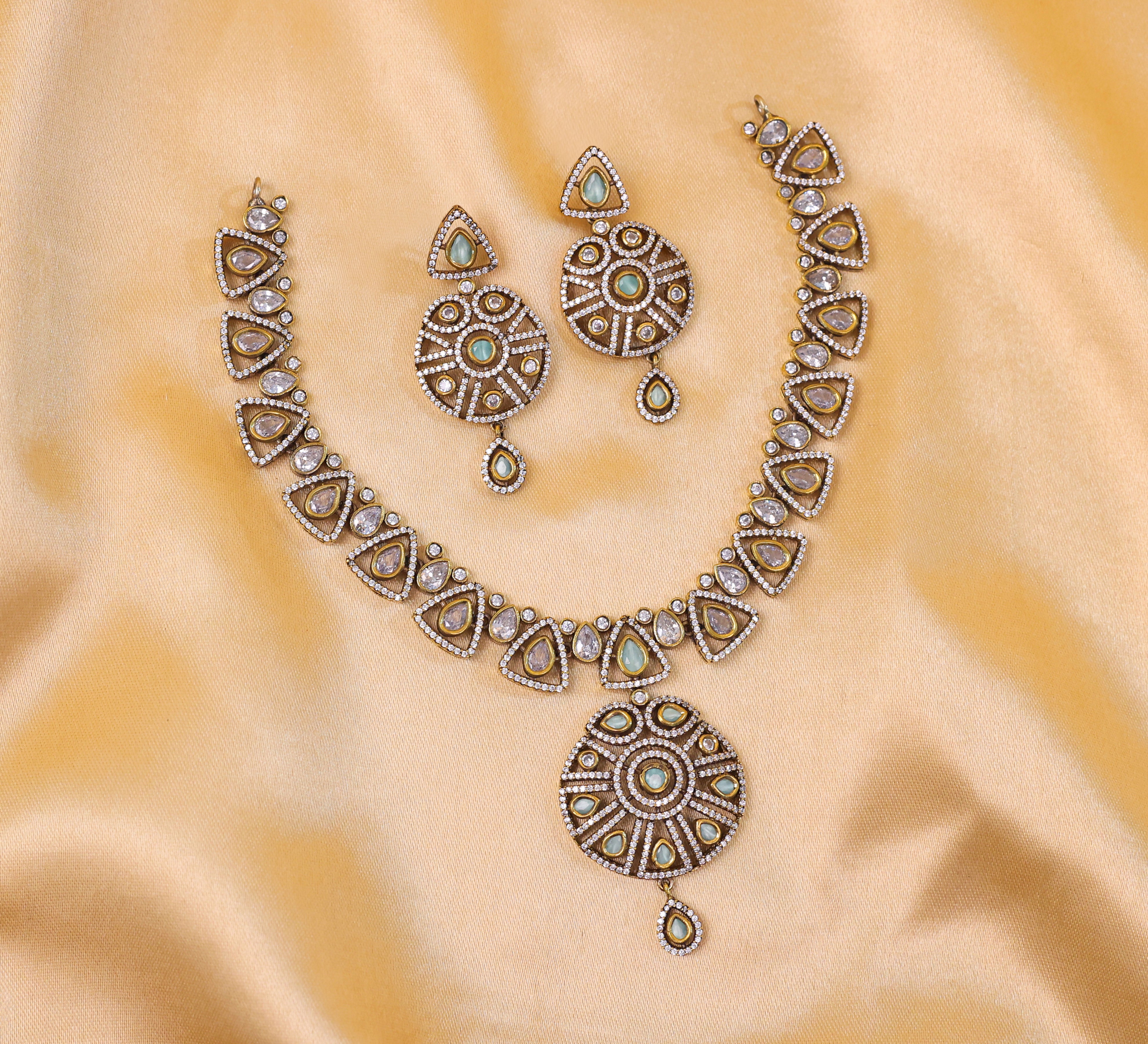Victorian-Inspired Kundan Polki Necklace Set with Hydro Stones - Adisha Jewels