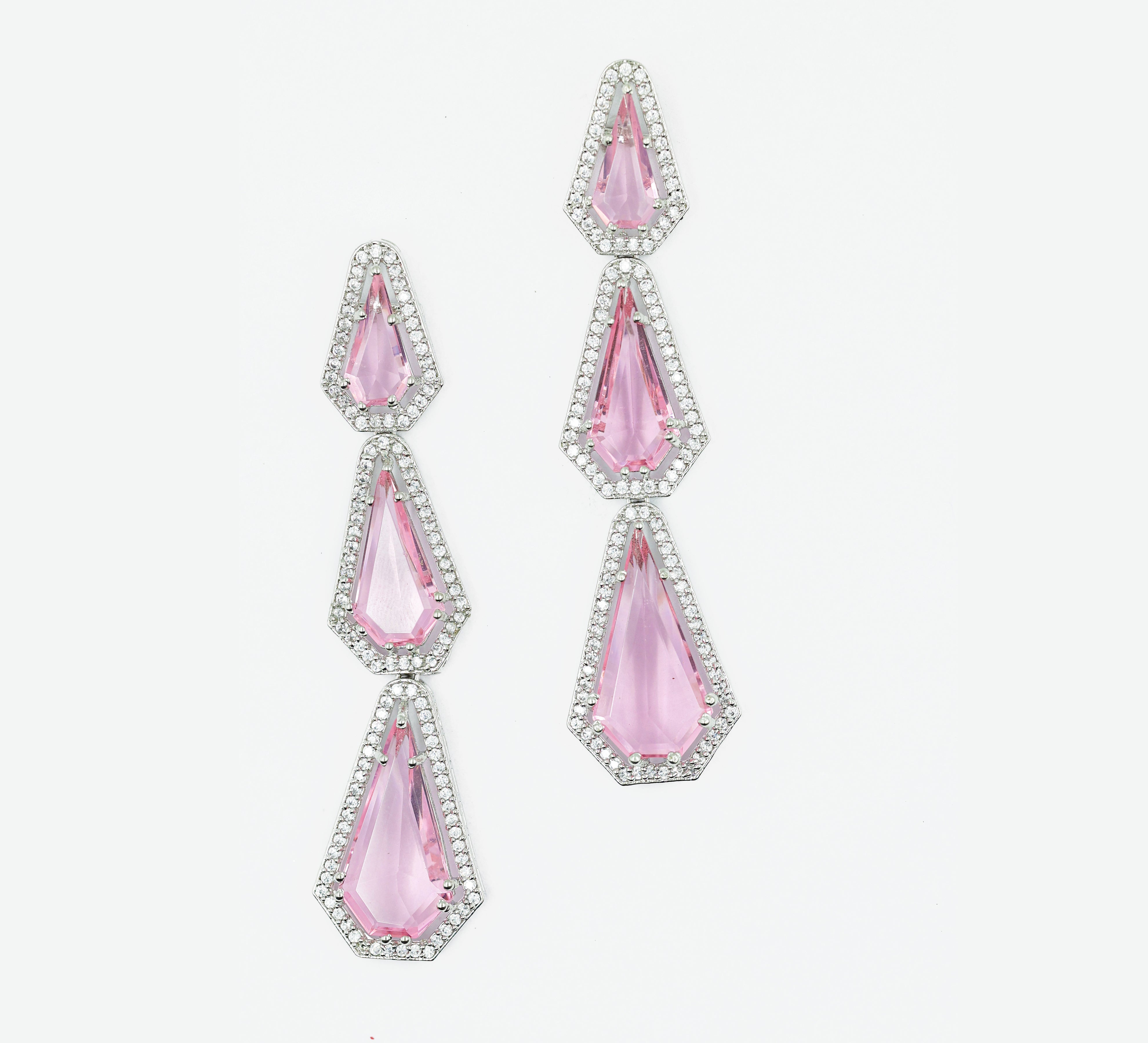 White-Plated Three-Tiered Earrings with Hydro Stones - Adisha Jewels