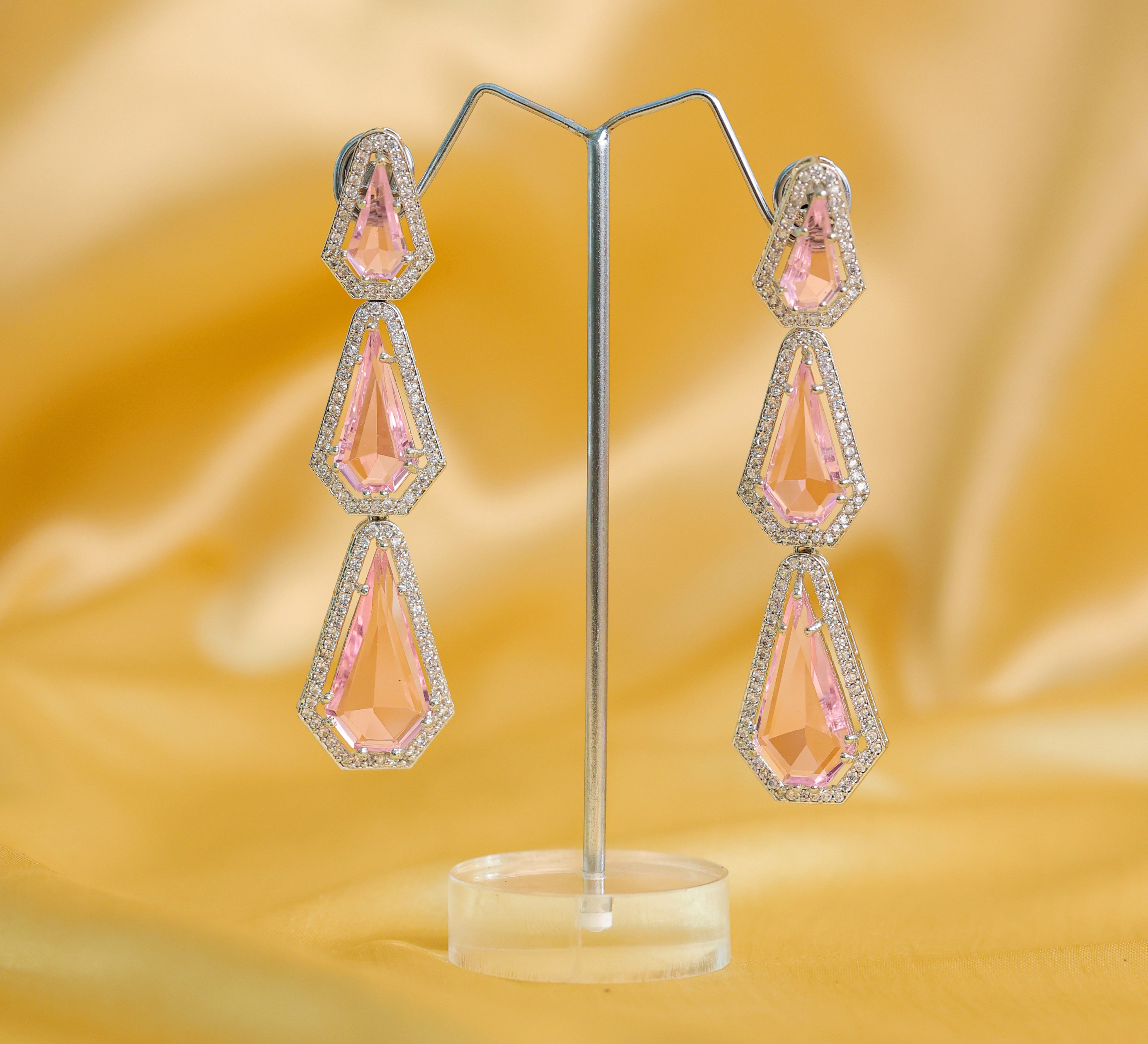 White-Plated Three-Tiered Earrings with Hydro Stones - Adisha Jewels