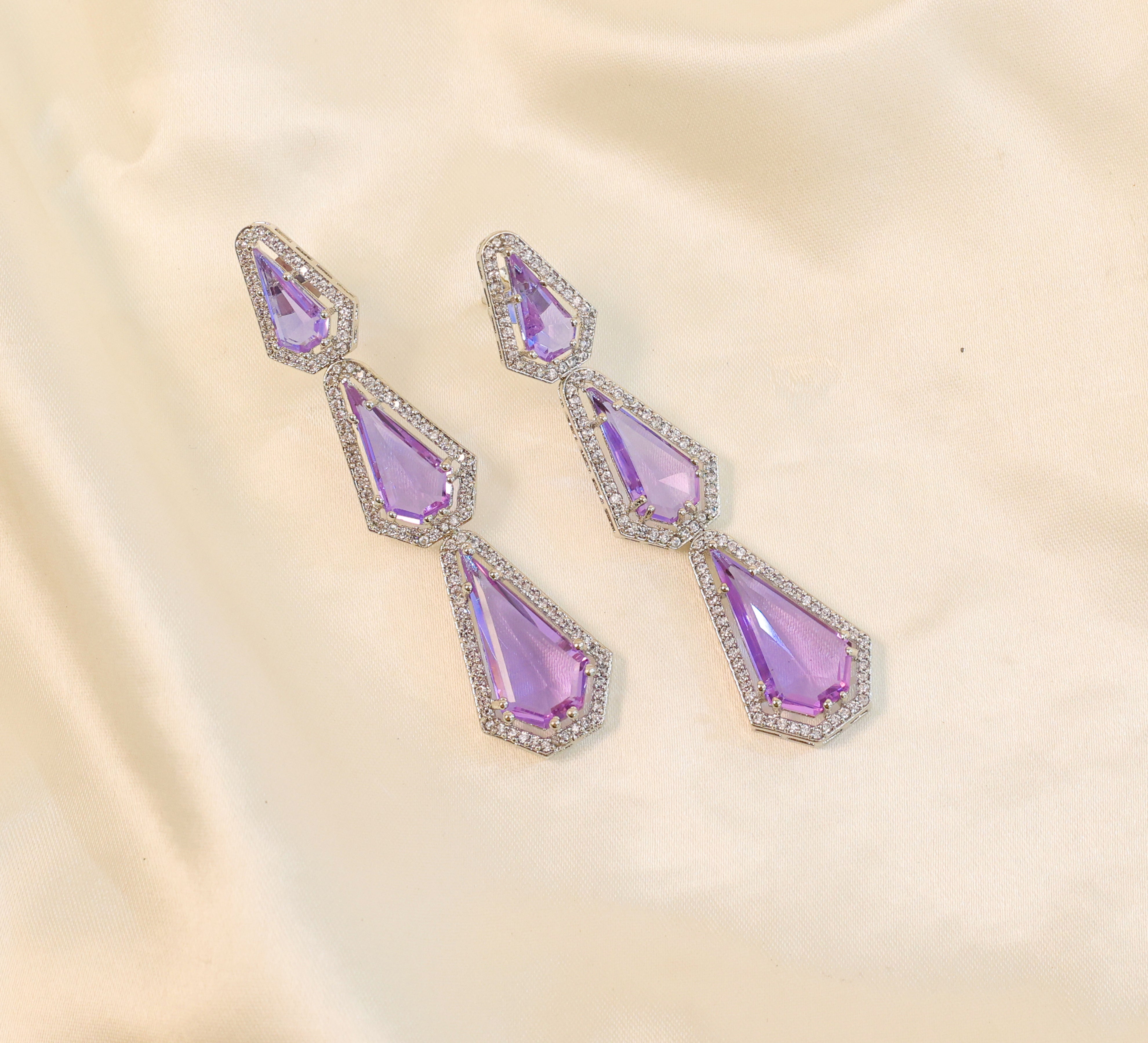 White-Plated Three-Tiered Earrings with Hydro Stones - Adisha Jewels