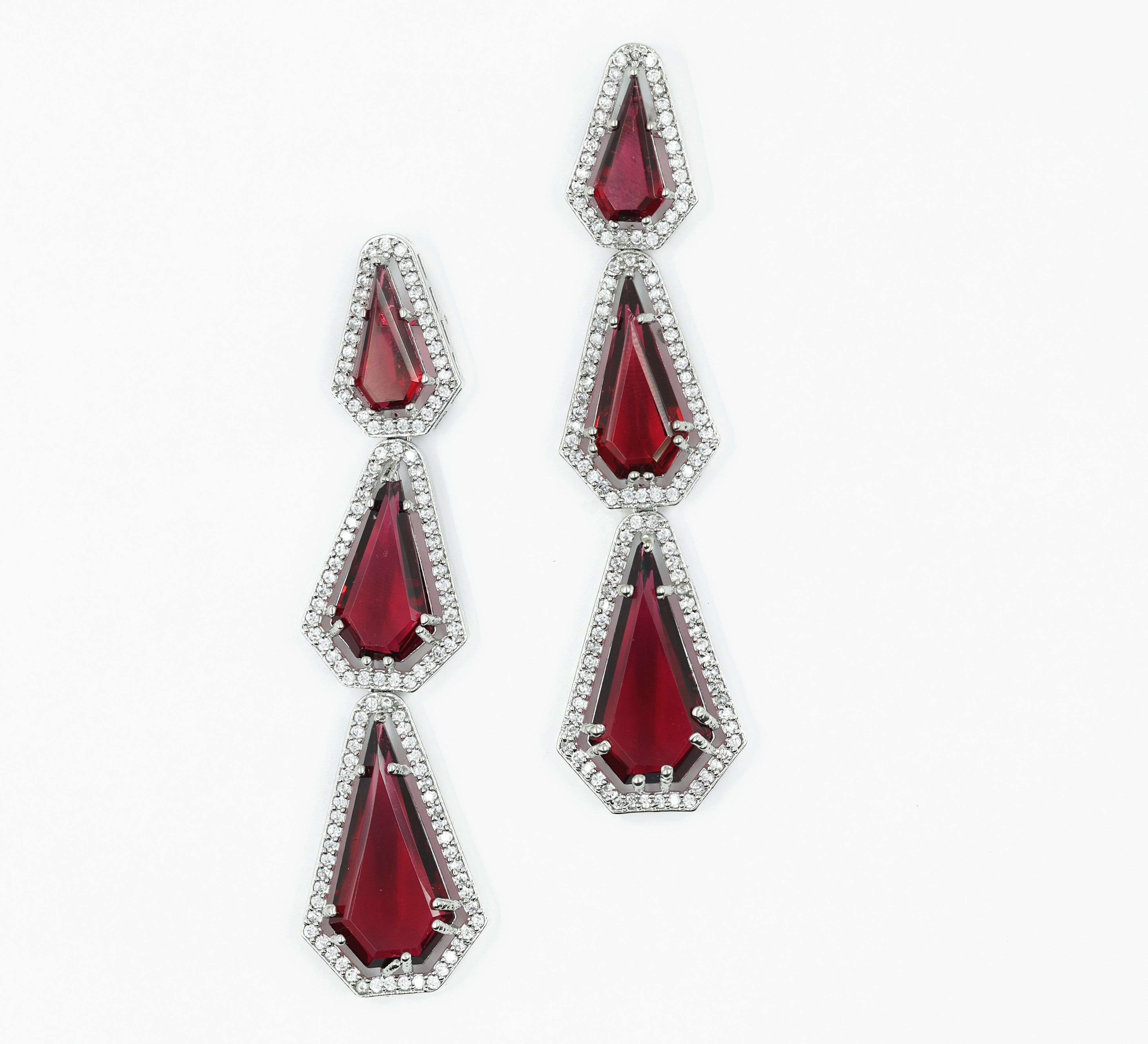 White-Plated Three-Tiered Earrings with Hydro Stones - Adisha Jewels