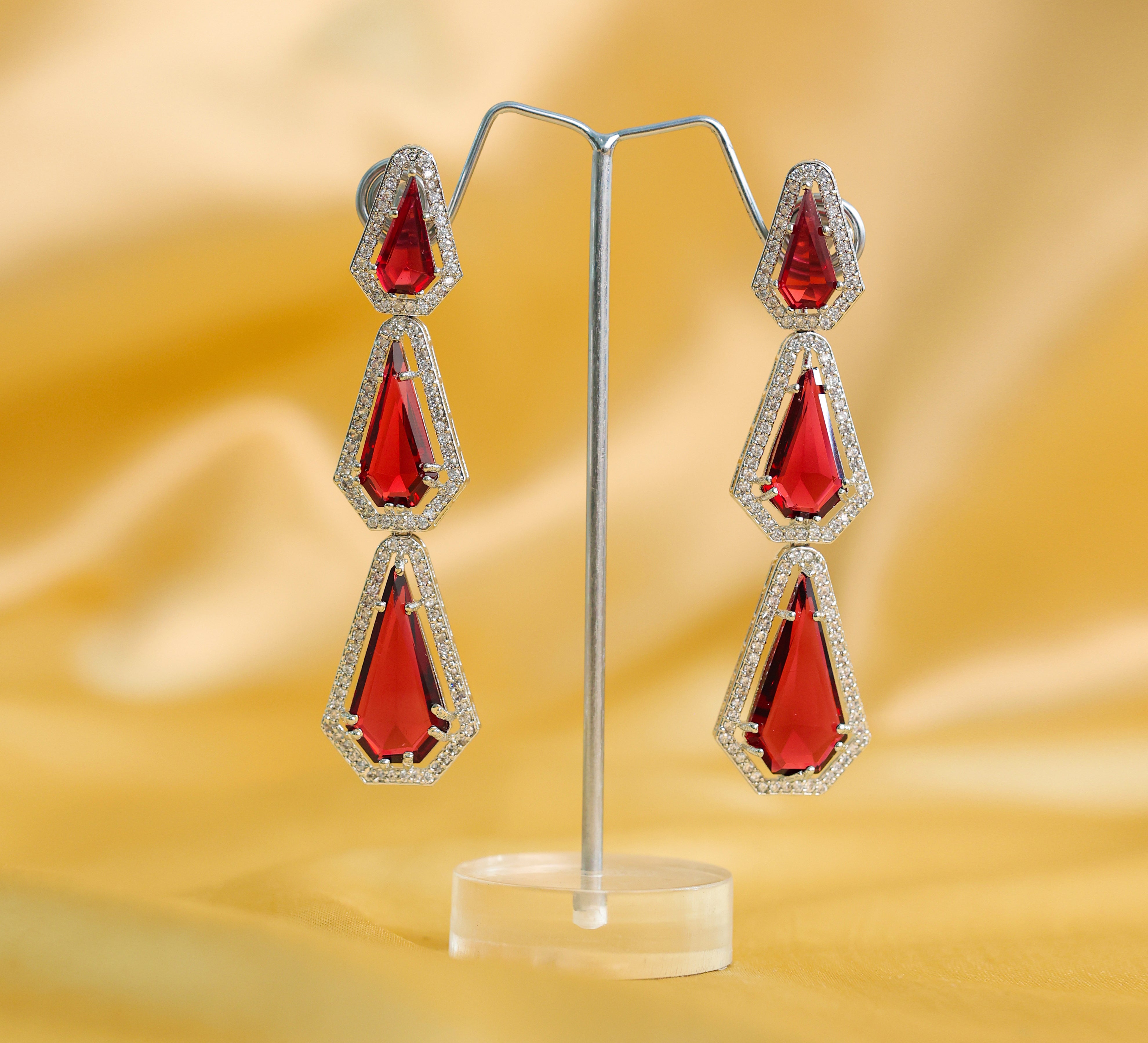White-Plated Three-Tiered Earrings with Hydro Stones - Adisha Jewels
