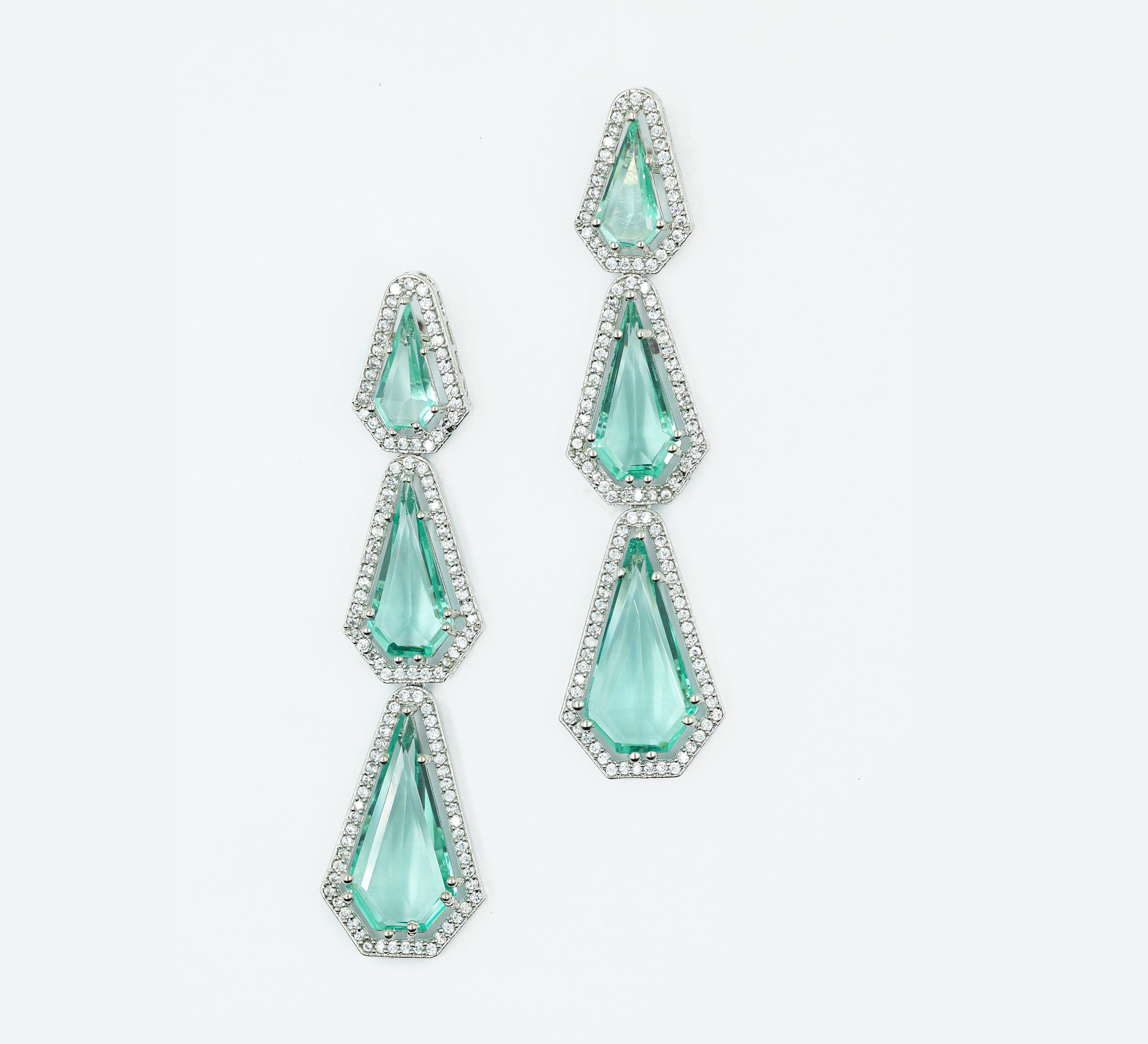 White-Plated Three-Tiered Earrings with Hydro Stones - Adisha Jewels