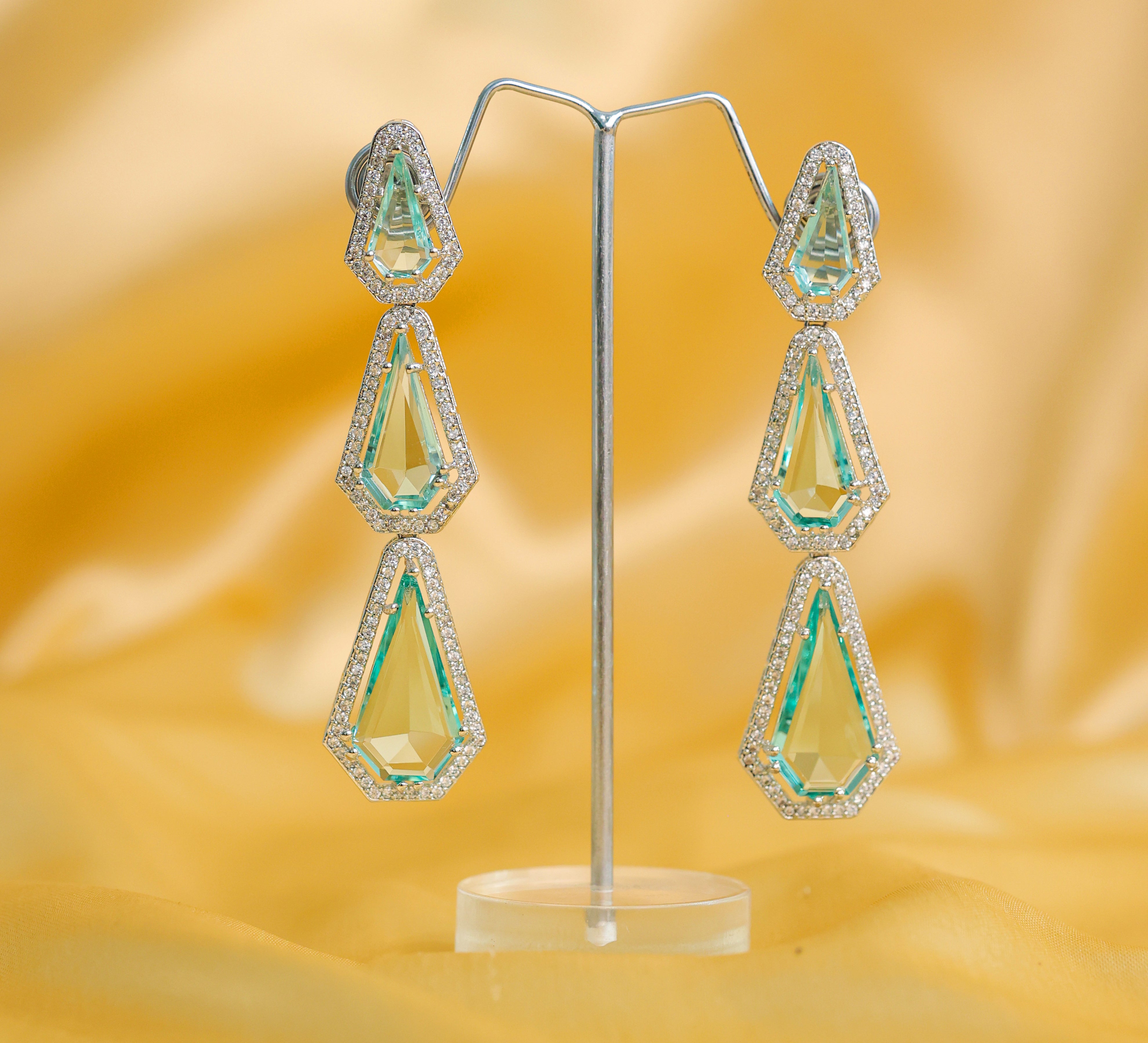 White-Plated Three-Tiered Earrings with Hydro Stones - Adisha Jewels