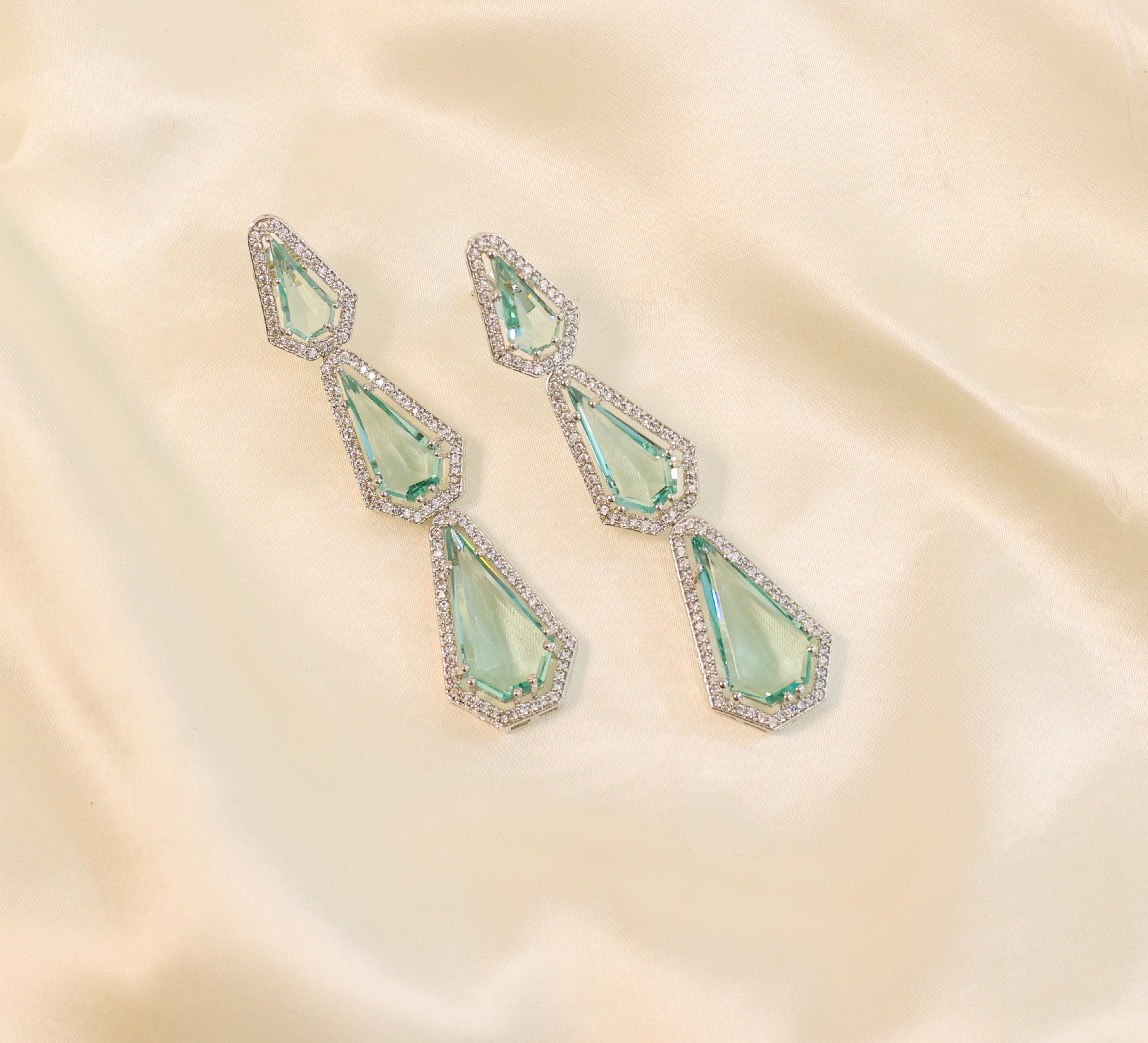 White-Plated Three-Tiered Earrings with Hydro Stones - Adisha Jewels