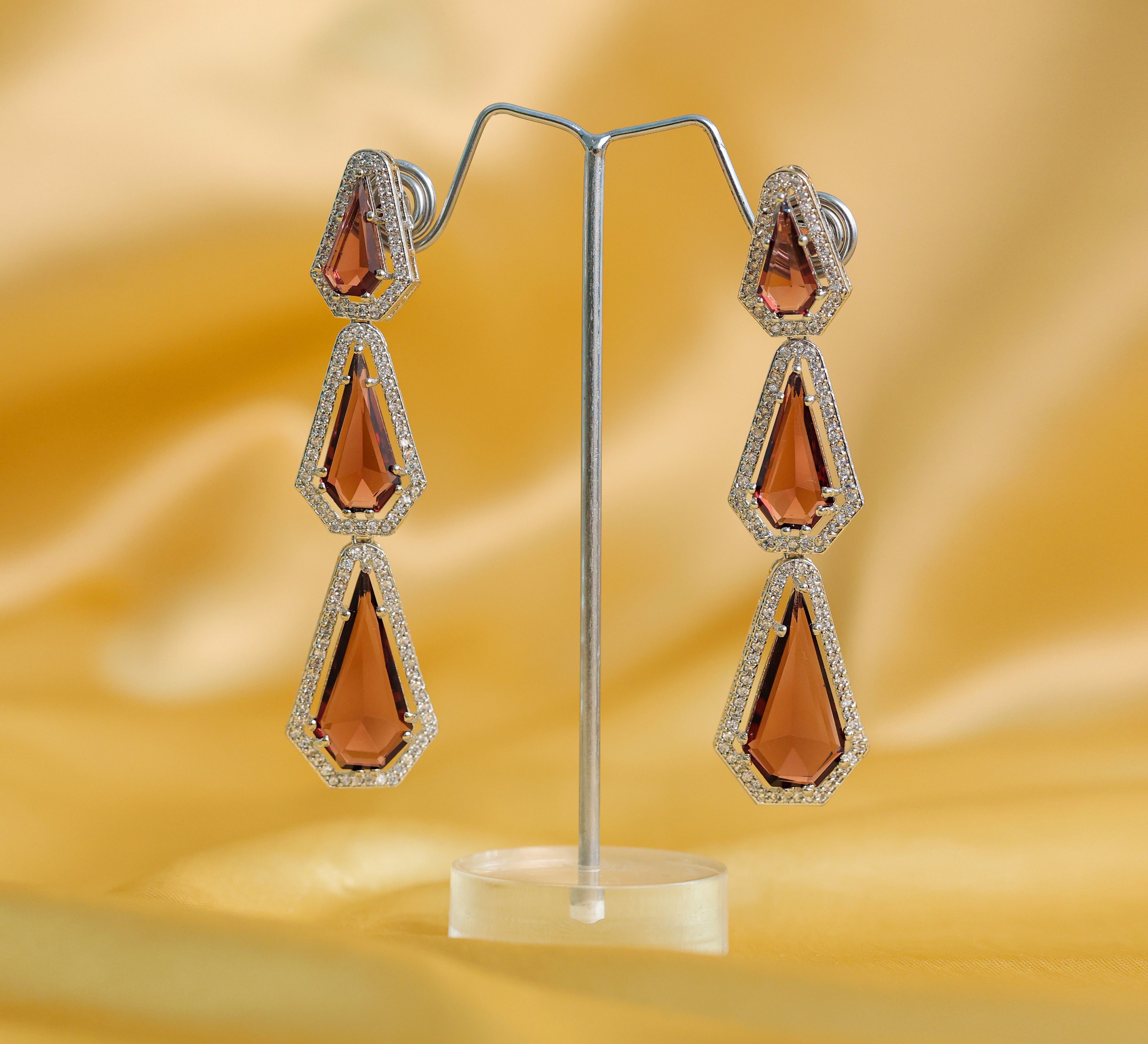 White-Plated Three-Tiered Earrings with Hydro Stones - Adisha Jewels