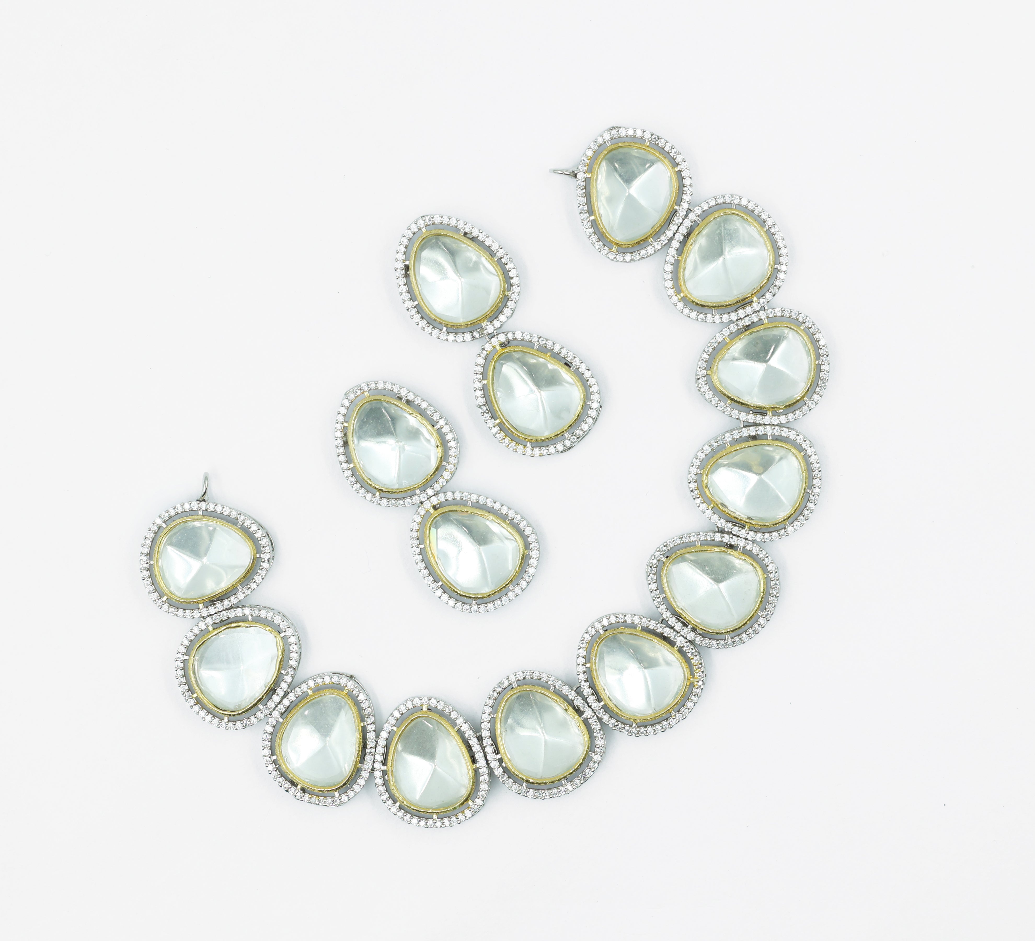 Kundan Polki Necklace Set in Antique Silver Plating - Adisha Jewels